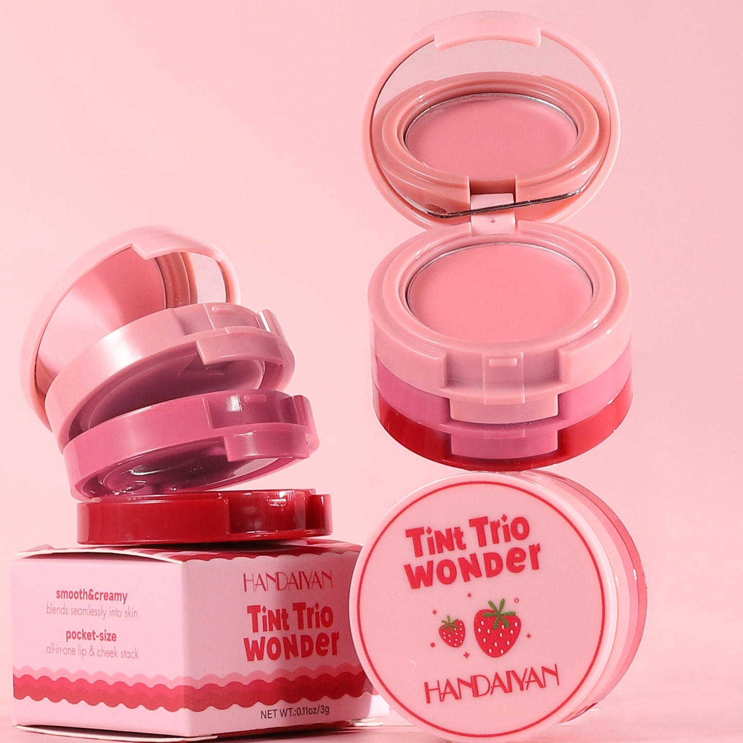 Handayan Tint Trio Wonder makeup product on a pink background