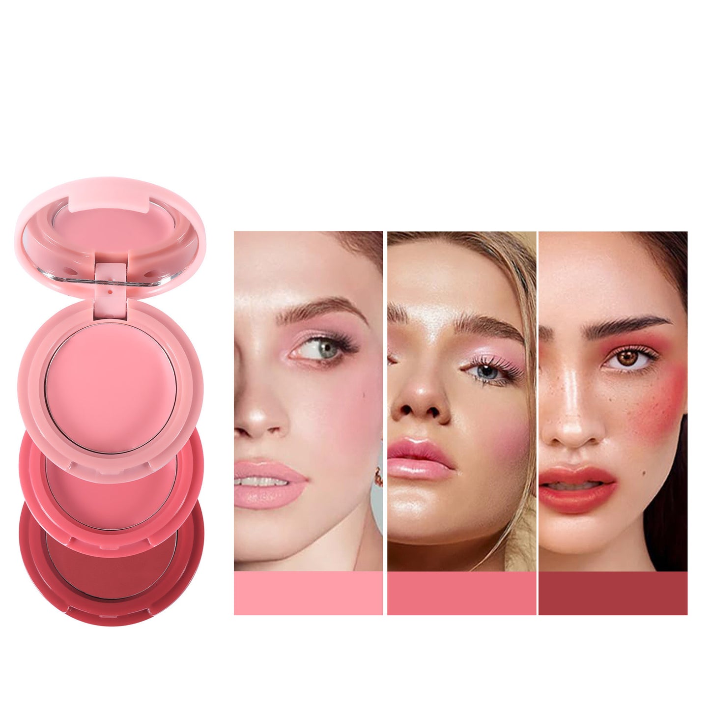 Pink makeup compact with three application examples on a white background