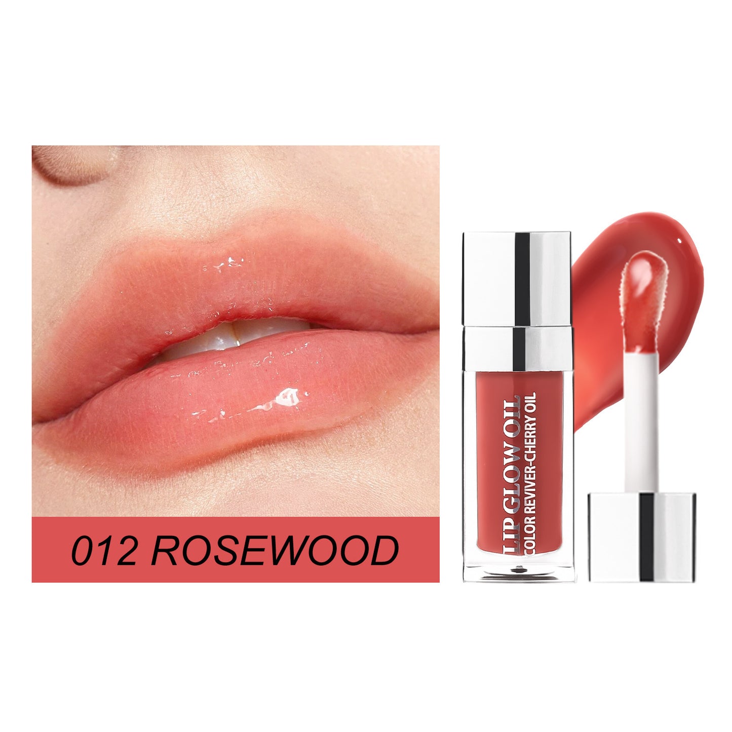 Lip gloss with '012 Rosewood' color swatch on lips and packaging.