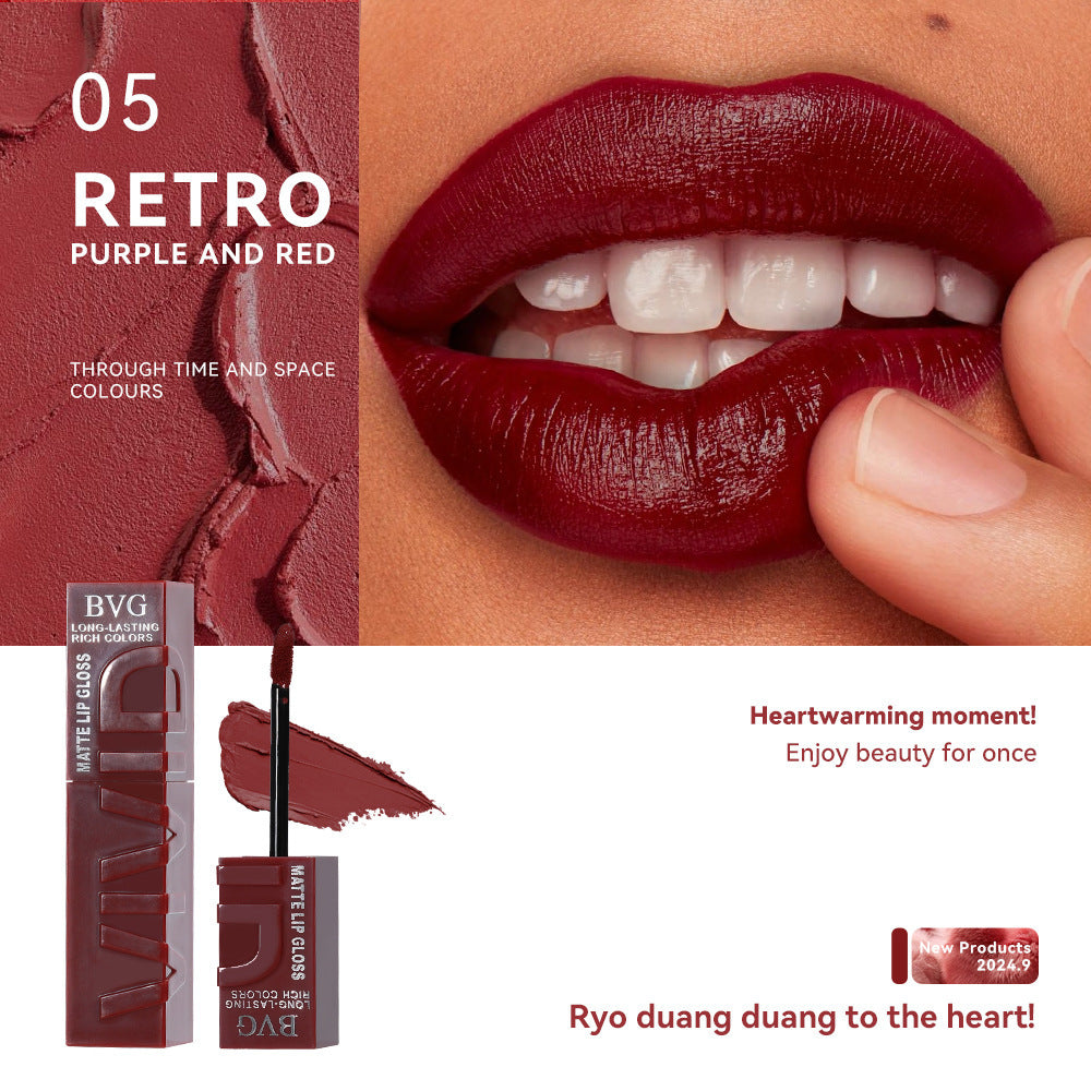 Lipstick with a close-up of lips wearing the color, product packaging, and promotional text.