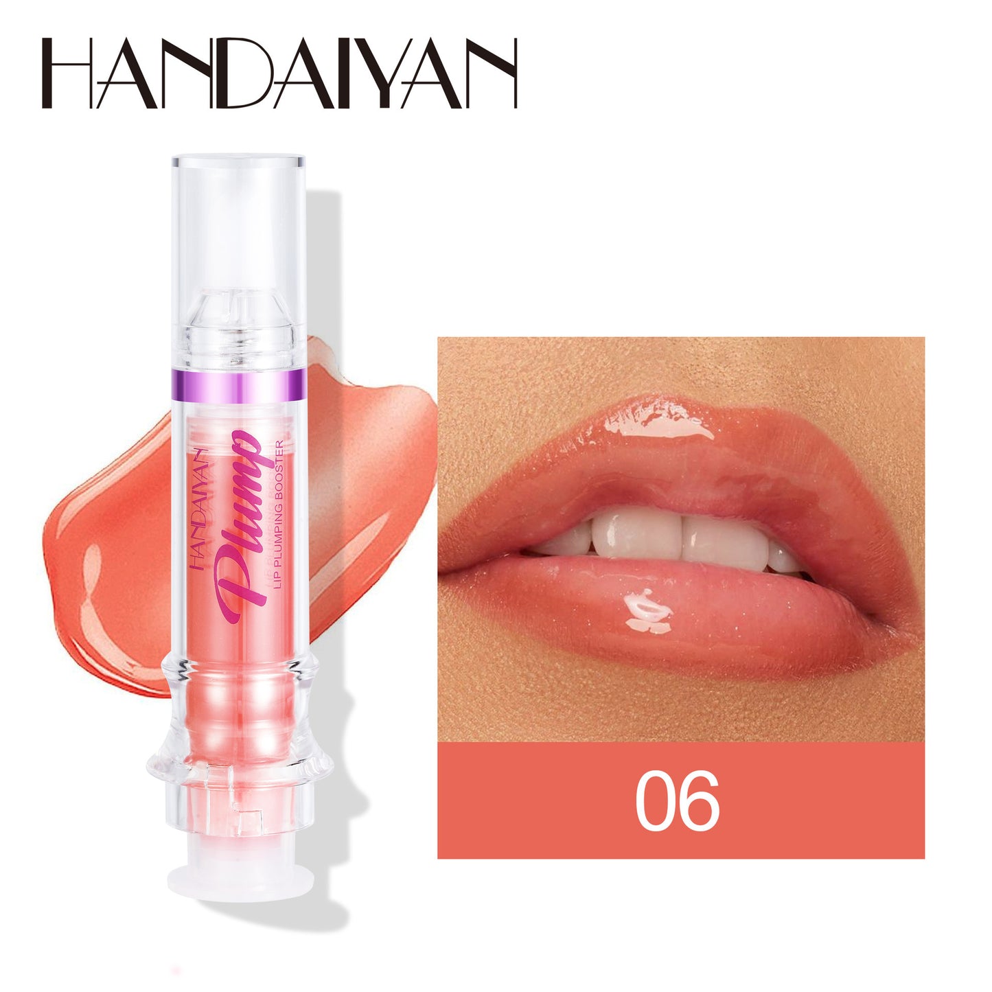 Handaiyan lip gloss with a close-up of lips wearing the product, showing color number 06.