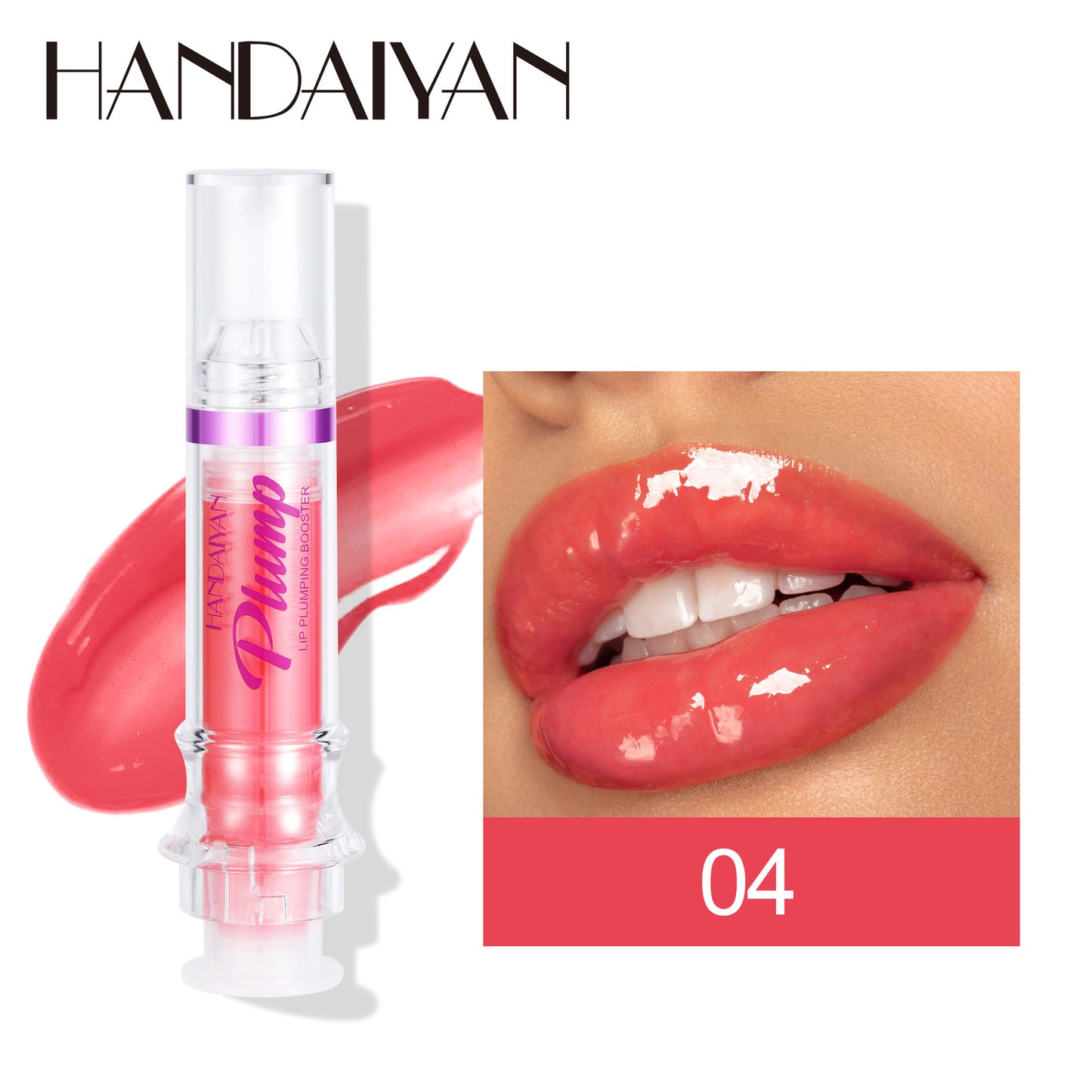 Handaiyan lip gloss with a close-up of lips wearing the color on a white background