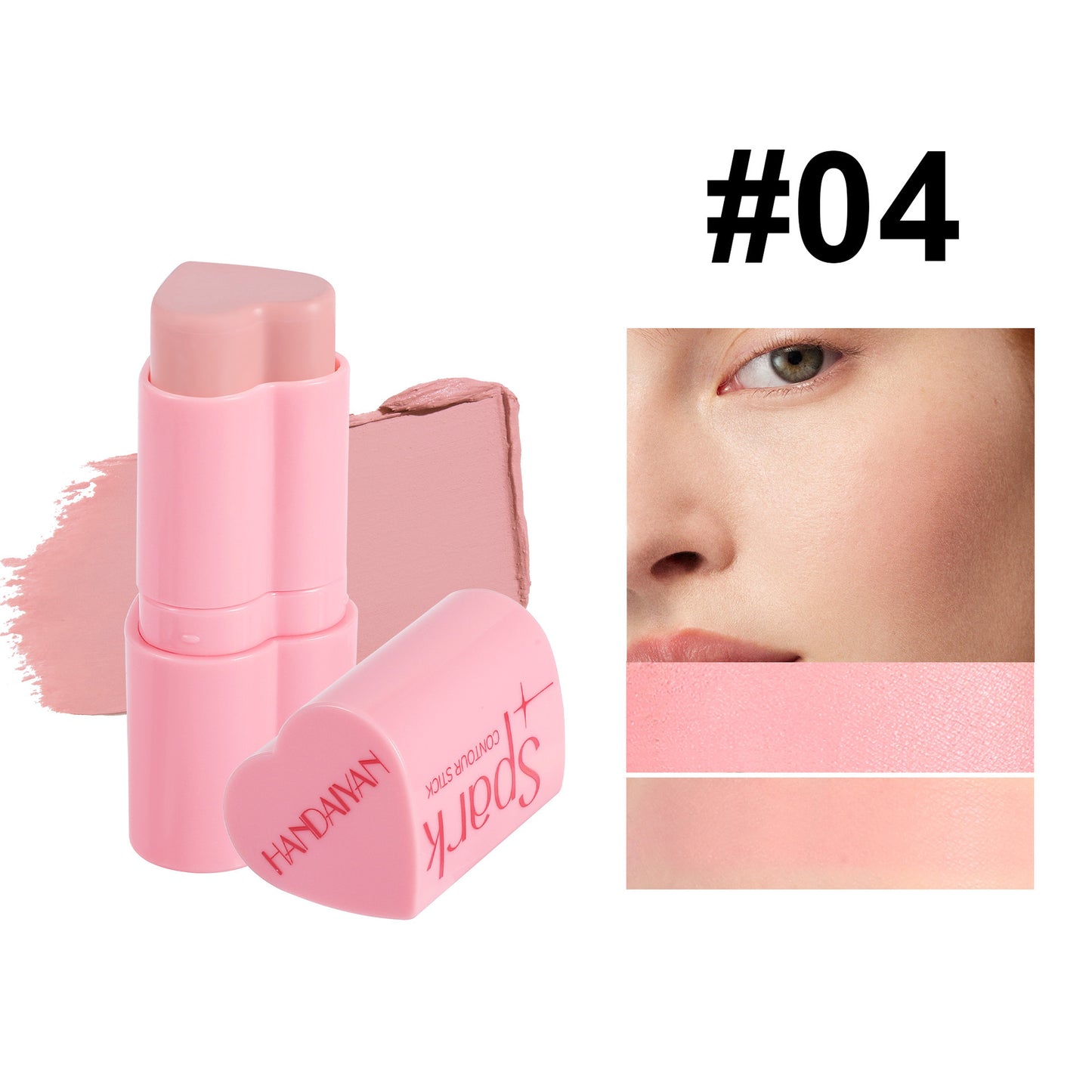 Pink lipstick stick with 'Soom' branding, close-up of a person's lip, and color swatch on a white background.