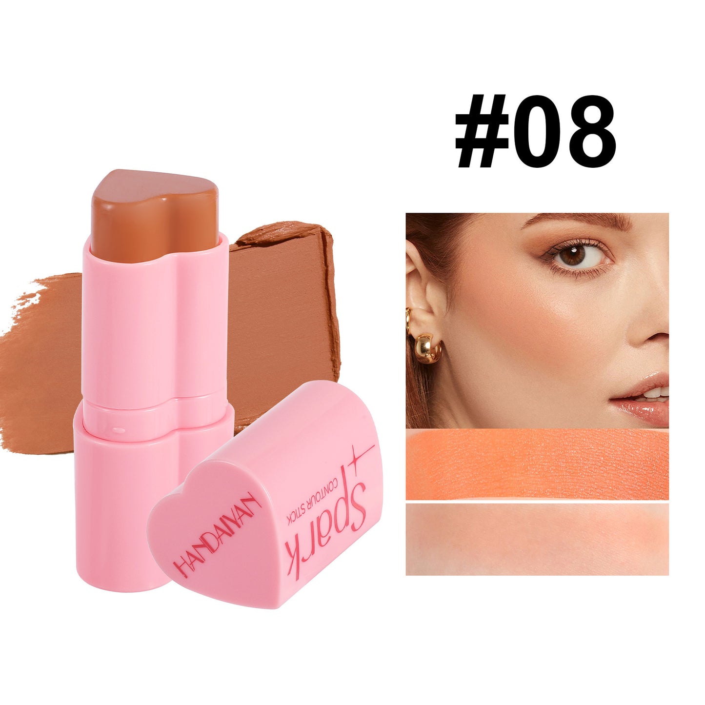 Pink makeup stick with brown shade, open to show color swatch, and close-up of a woman's face wearing the product.