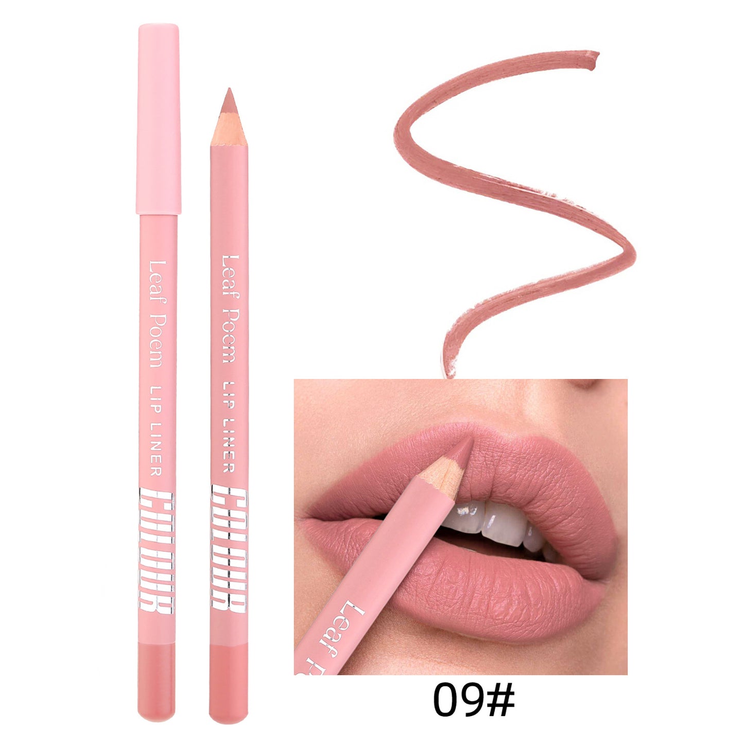 Pink lip liner pencil with application example on lips and swatch on white background