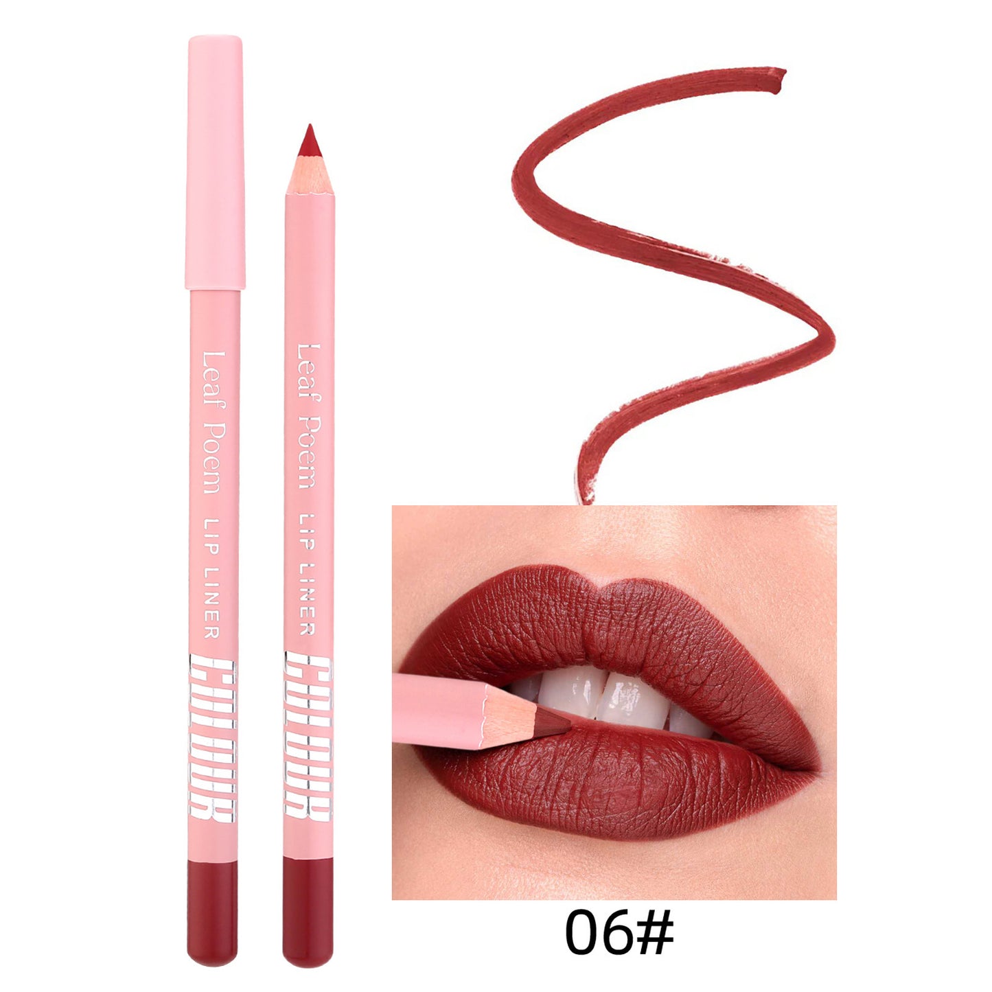 Lip liner with pink casing and red color, shown with a swatch and application on lips.