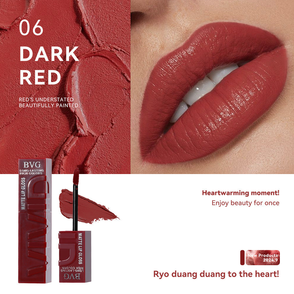Lipstick with dark red color swatch, close-up of lips wearing the lipstick, and product packaging.