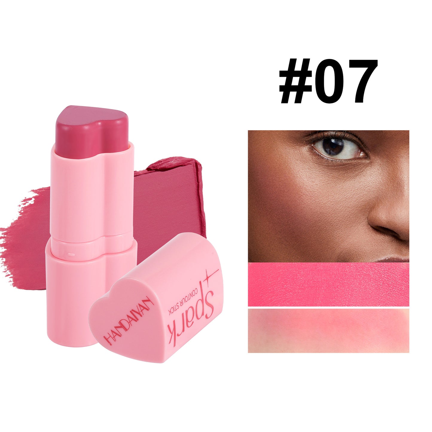 Pink lipstick with packaging and color swatch on a white background