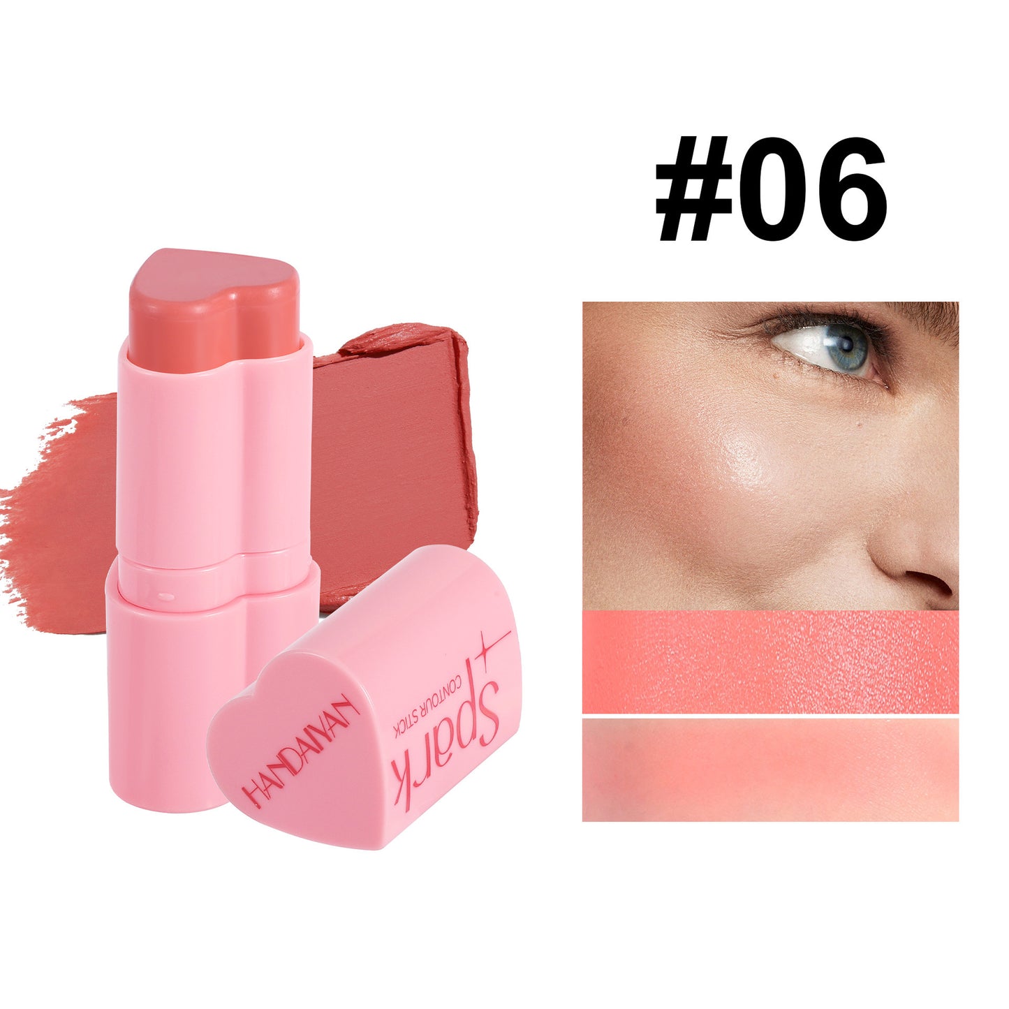Pink lipstick with packaging and color swatch on a white background