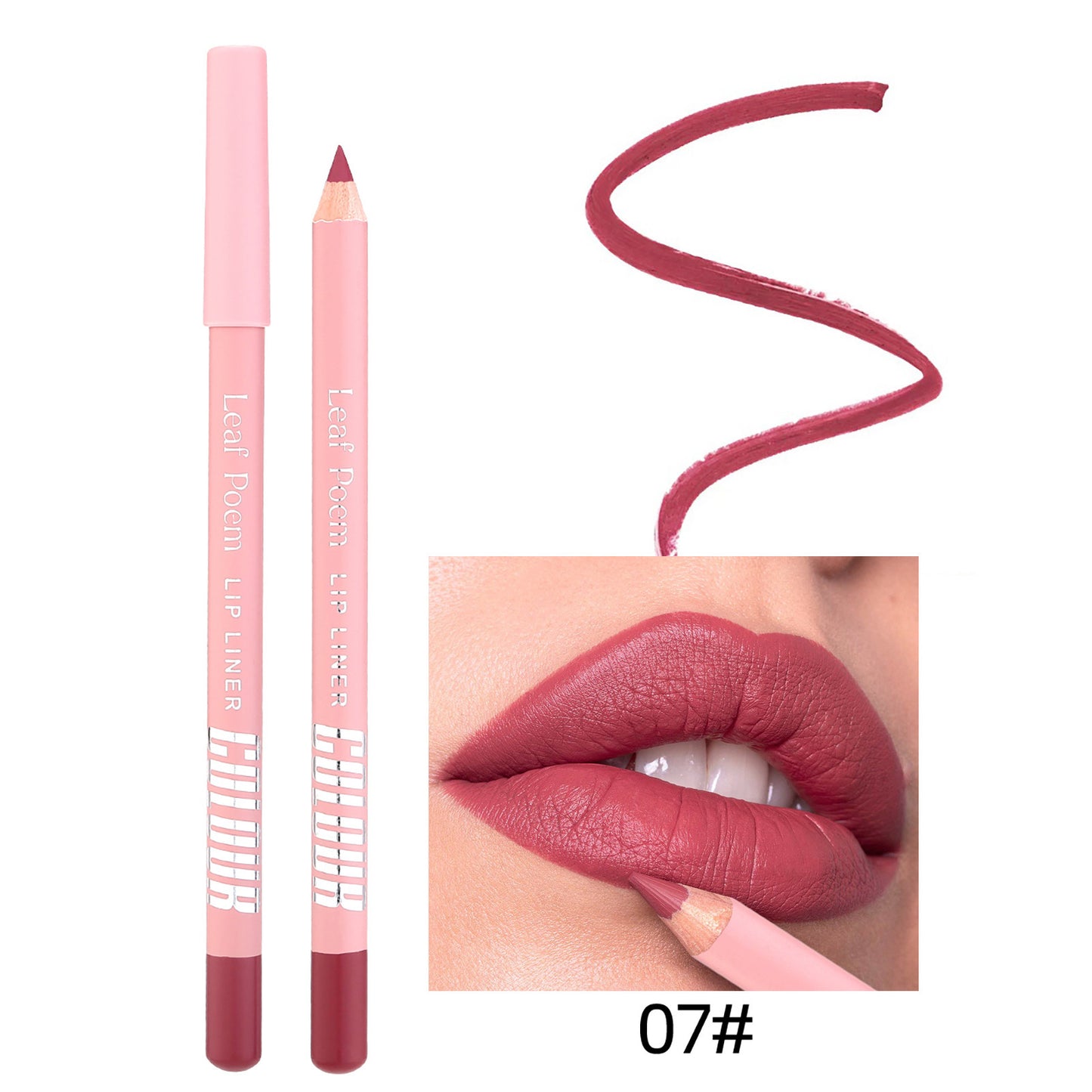 Lip liner pencil with pink casing and red color, shown with a swatch and close-up of lips.