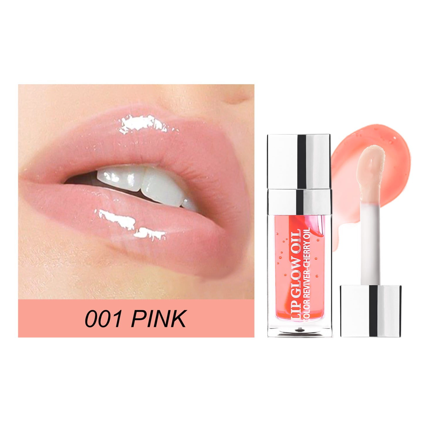 Lip gloss with a close-up of lips wearing the product, labeled '001 Pink'.