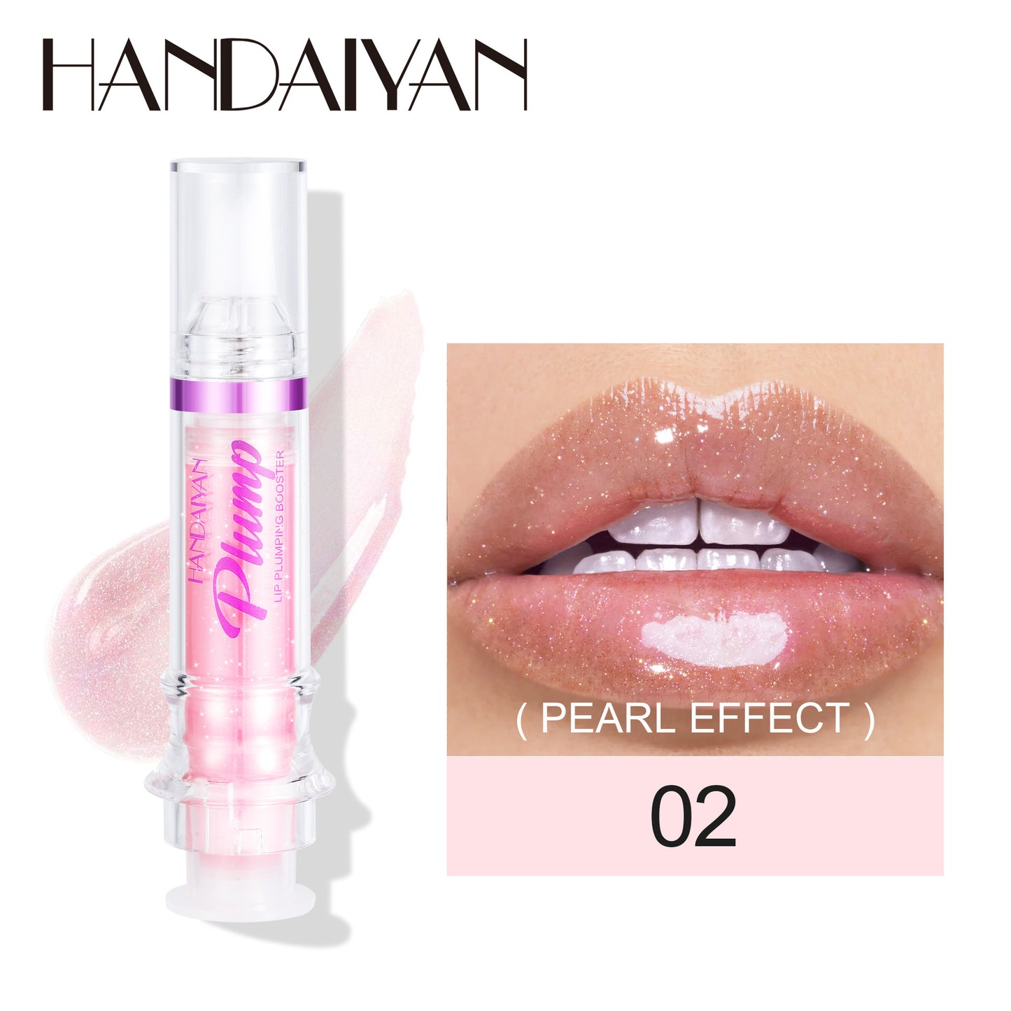 Pink lip gloss with 'HANDAIYAN' branding and pearl effect on lips.