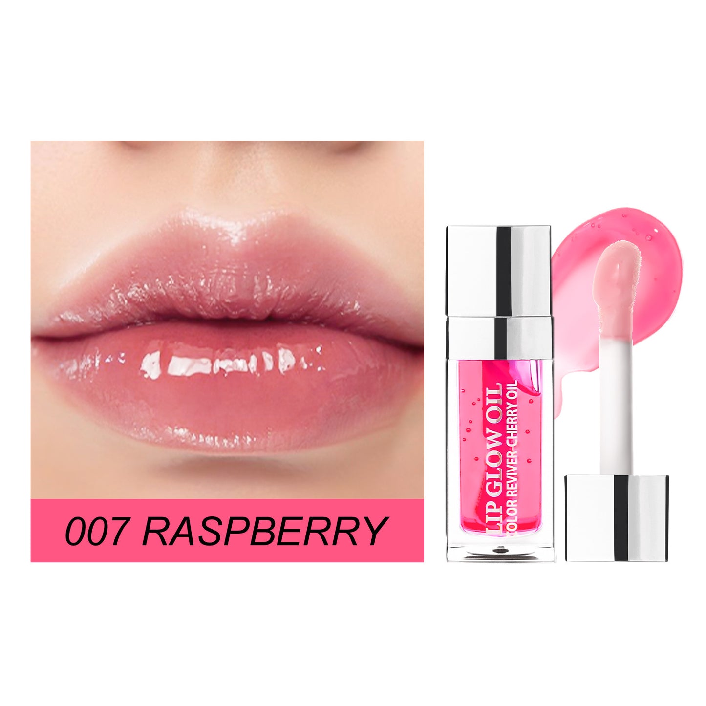 Lip gloss with '007 Raspberry' color swatch on lips and product packaging.