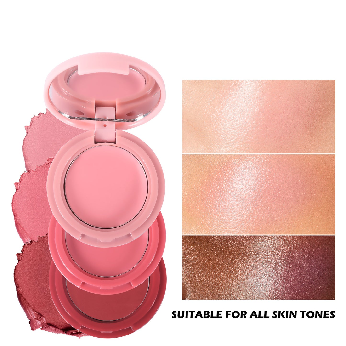 Pink makeup compact with color swatches and text 'Suitable for all skin tones' on a white background