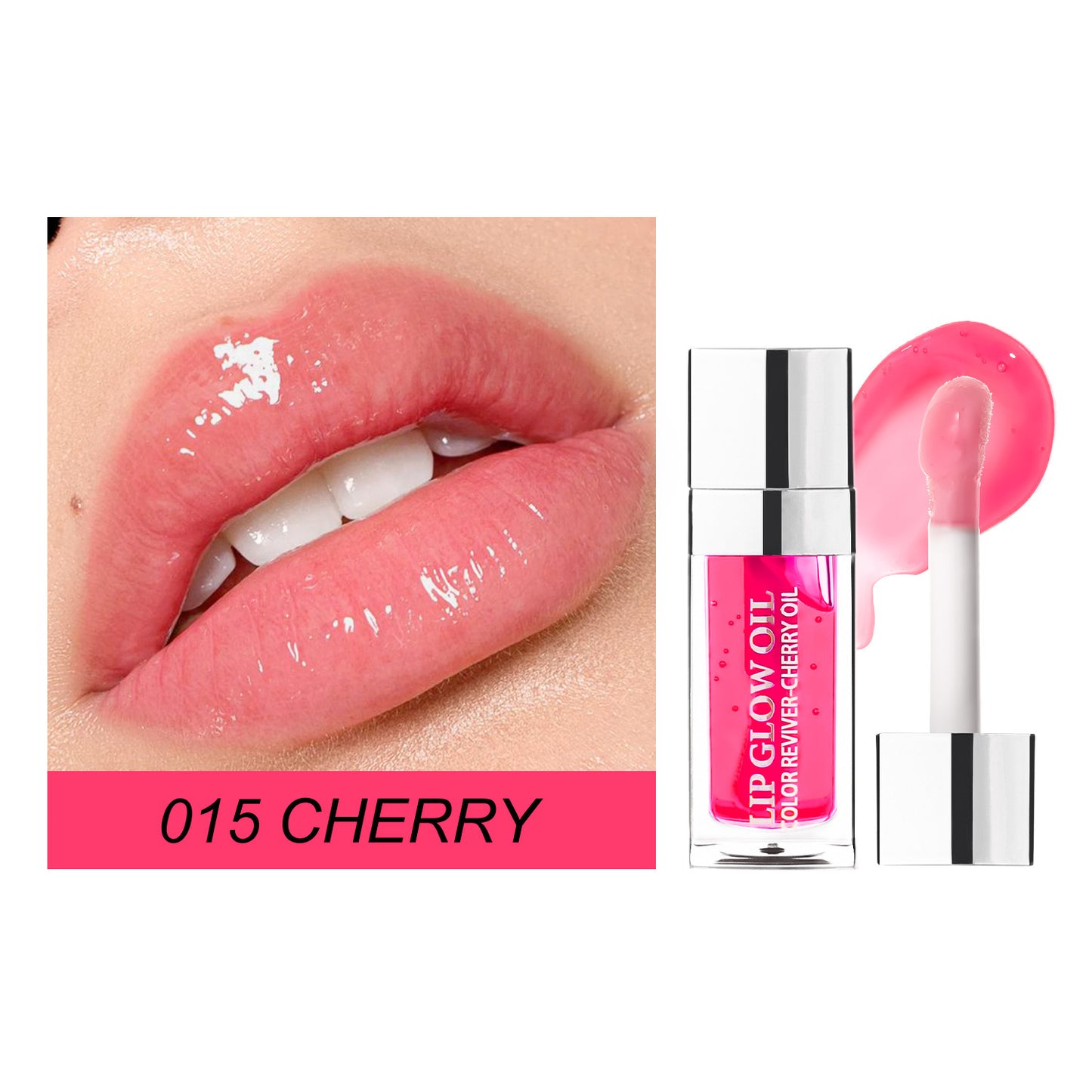 Lip gloss with '015 Cherry' color swatch on lips and packaging.