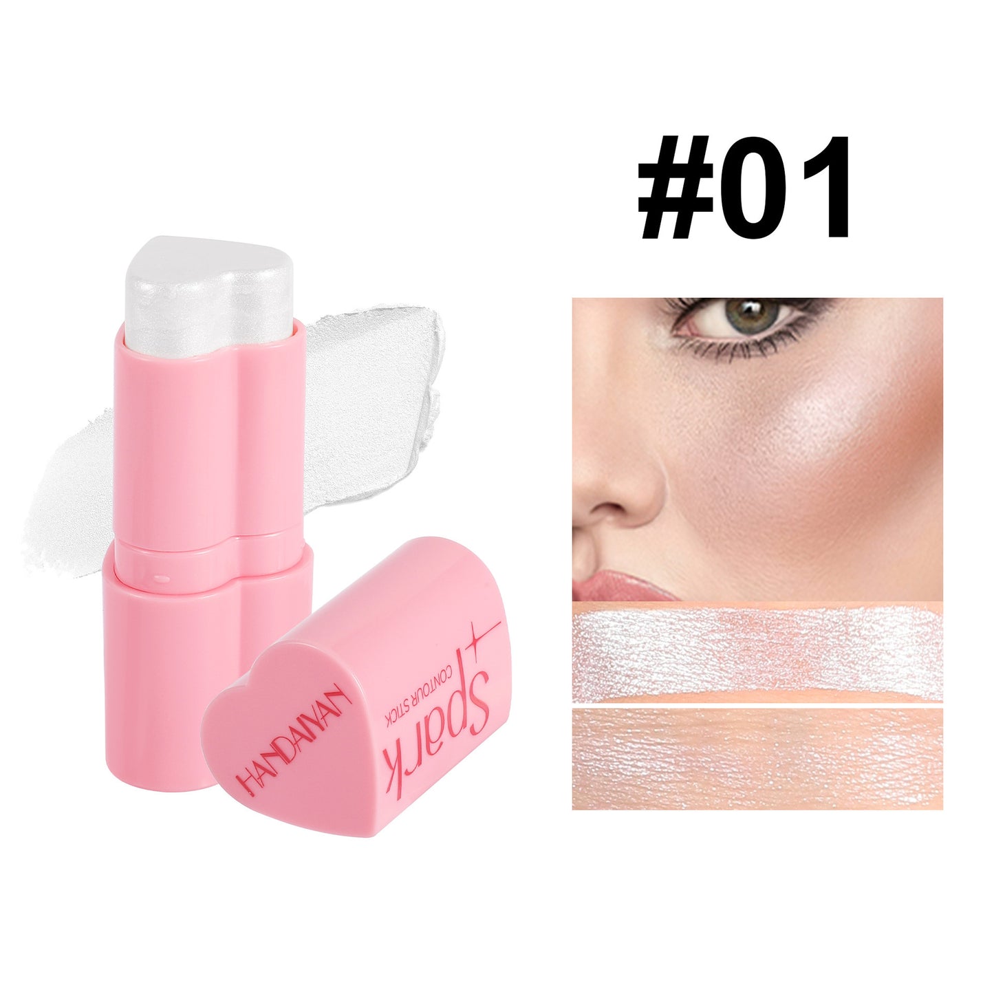 Pink makeup stick with a close-up of a person applying it to their face.