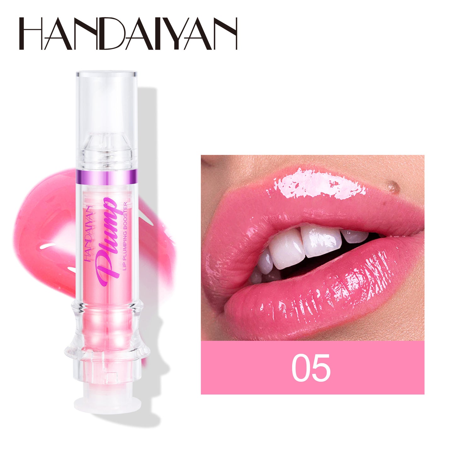 Pink lip gloss with 'HANDAIYAN' branding and a close-up of lips wearing the product.