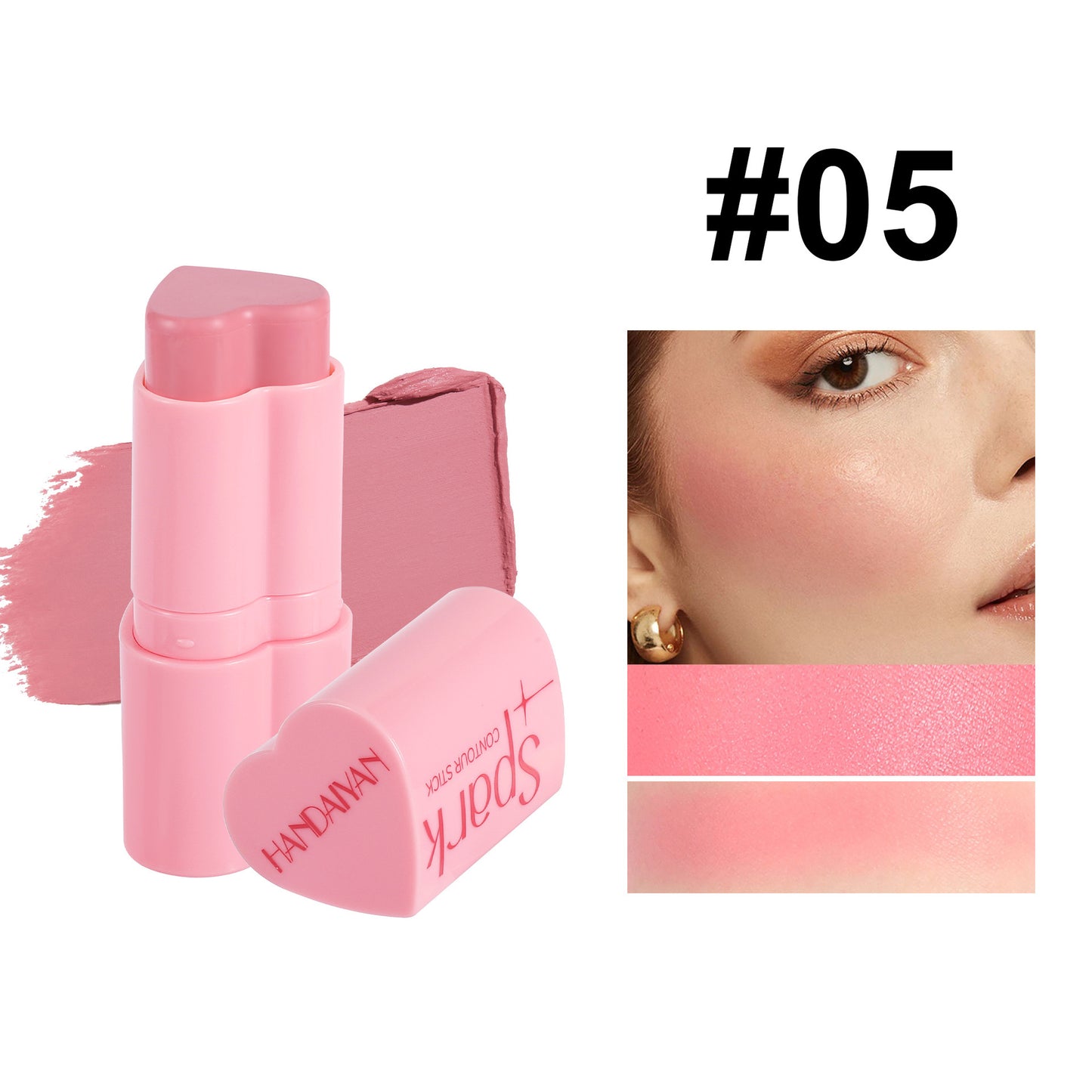 Pink makeup stick with packaging and color swatch on a white background