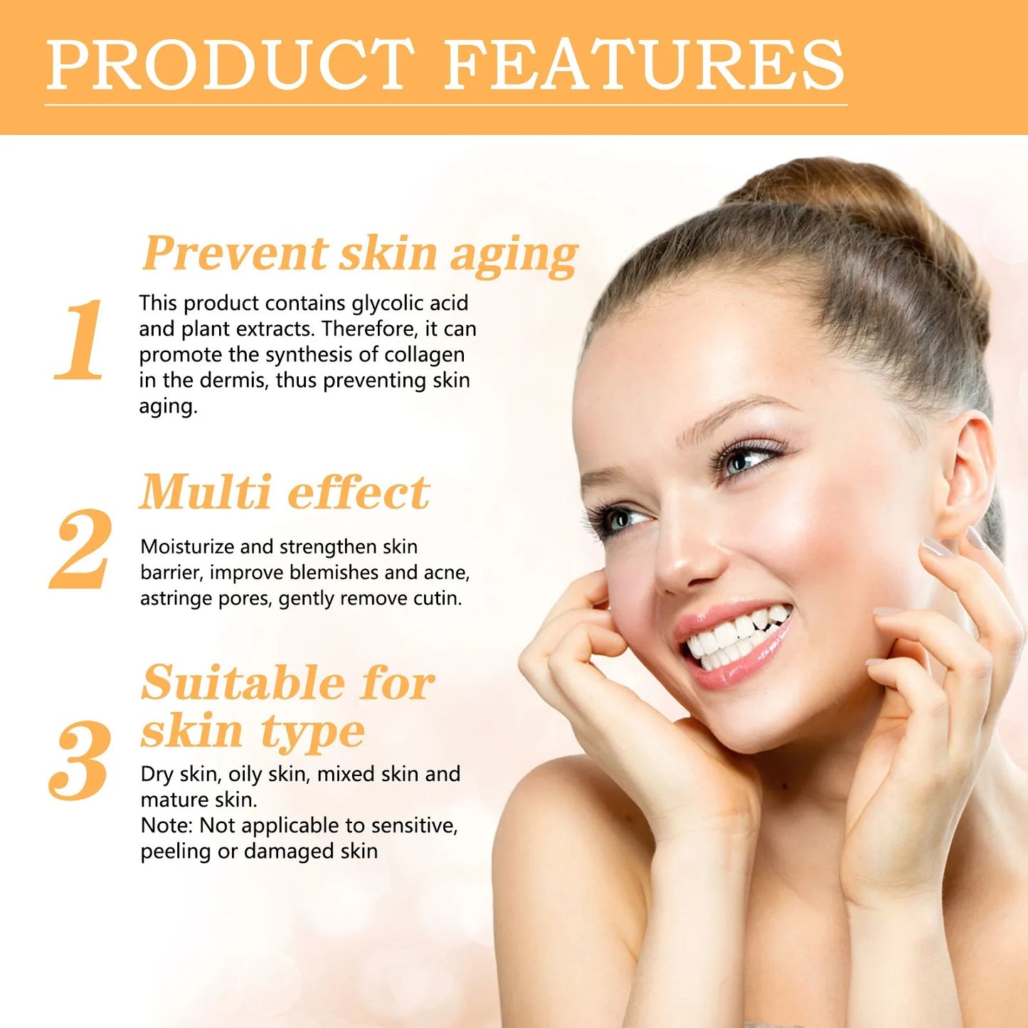 Product features for skin care product with a woman's face and text on a light background