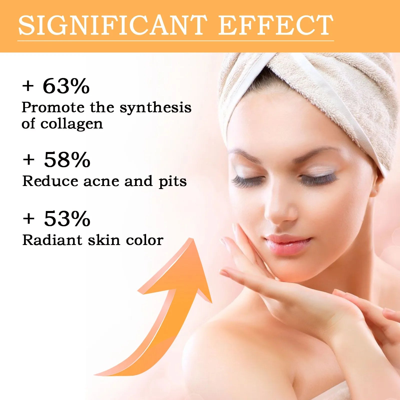Woman with a towel on her head, showing smooth skin with text highlighting skincare benefits.