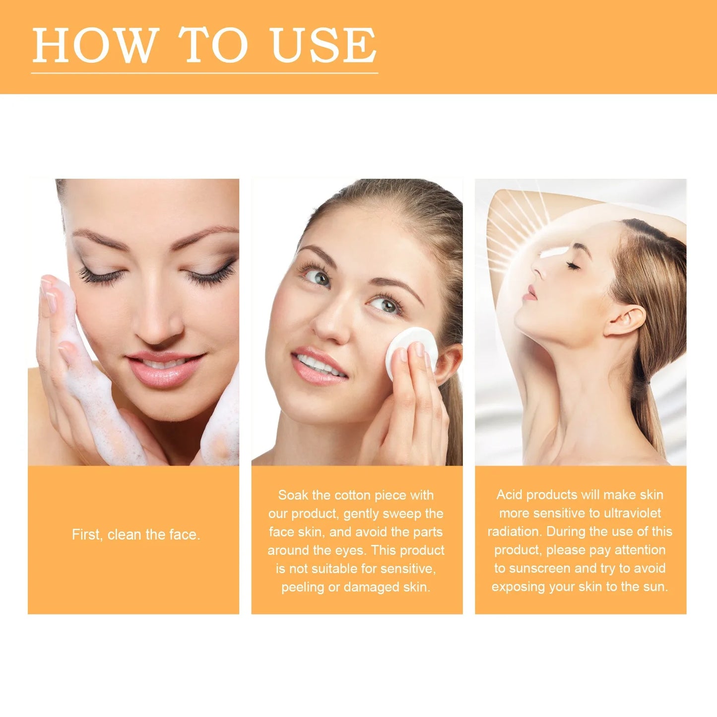 Instructions on how to use a facial product with three steps shown.
