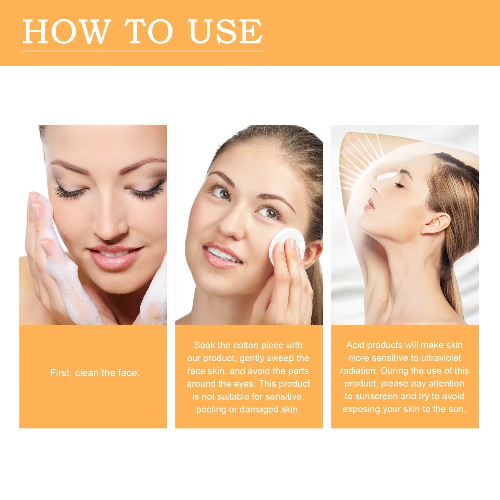Instructions on how to use a facial product with three steps shown.