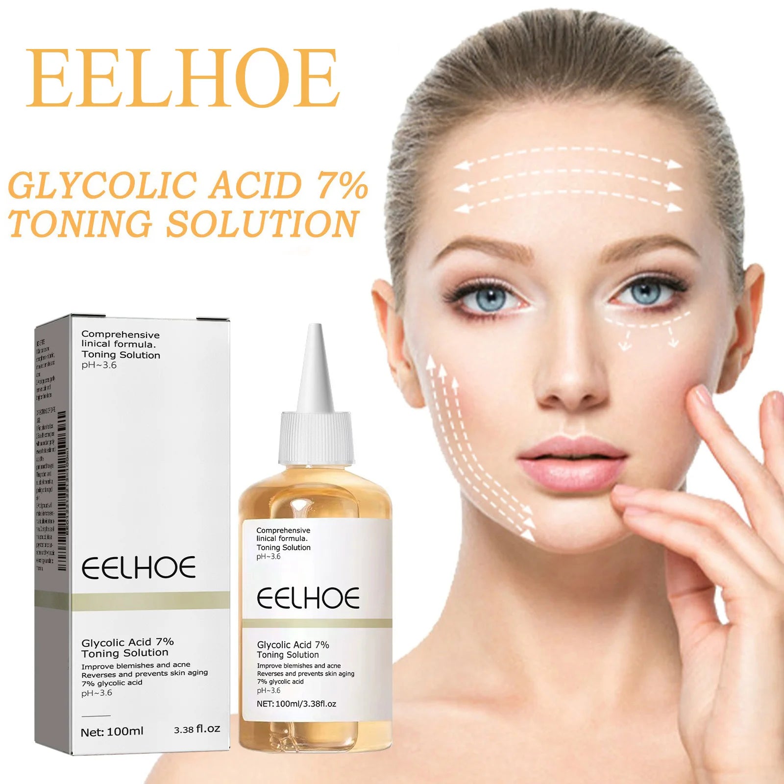 Eelhoe Glycolic Acid 7% Toning Solution with packaging and a model showing treatment areas.