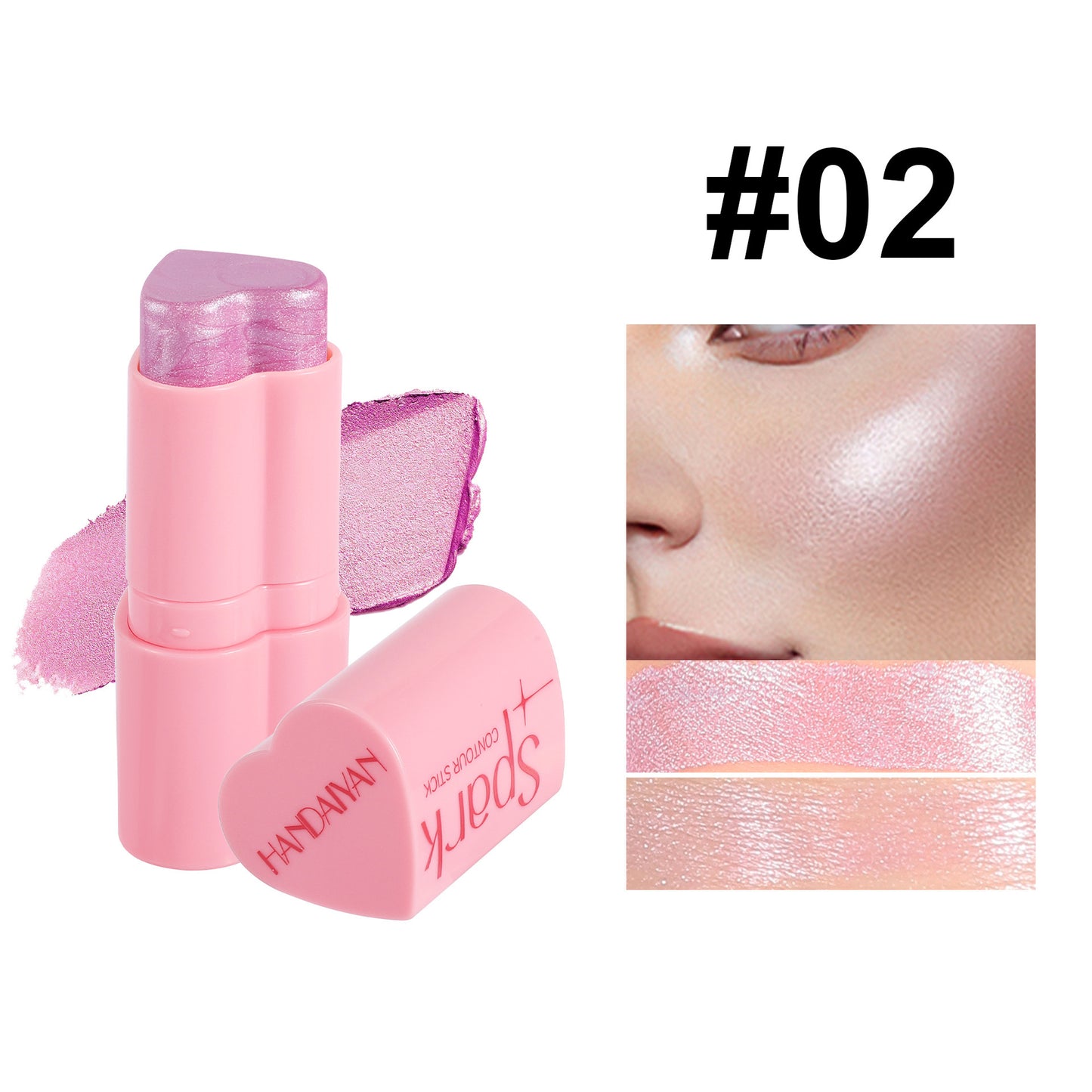 Pink makeup stick with application on skin and color swatch, featuring brand name.
