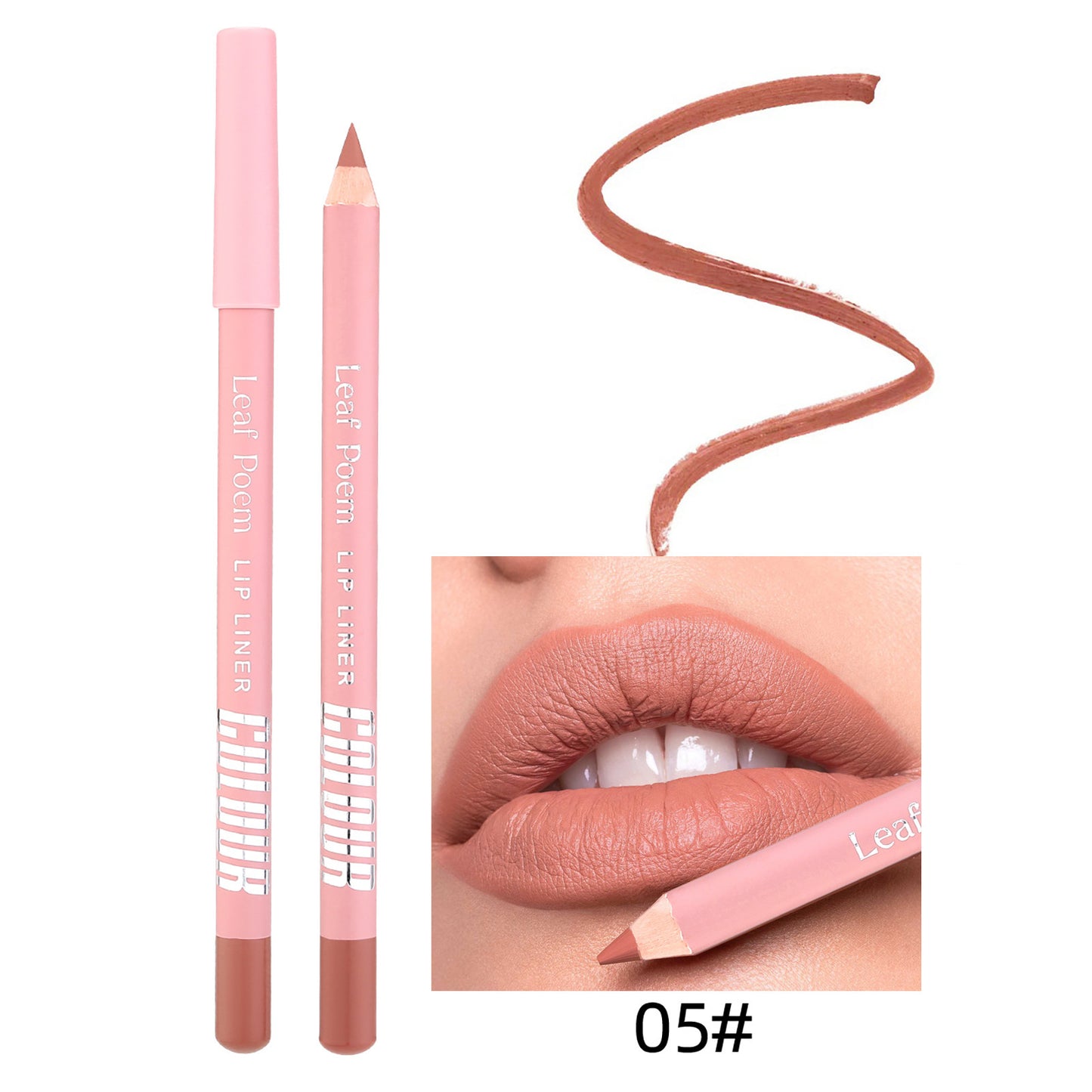 Lip liner pencil with pink casing and brown tip, shown with a swatch and close-up of lips.