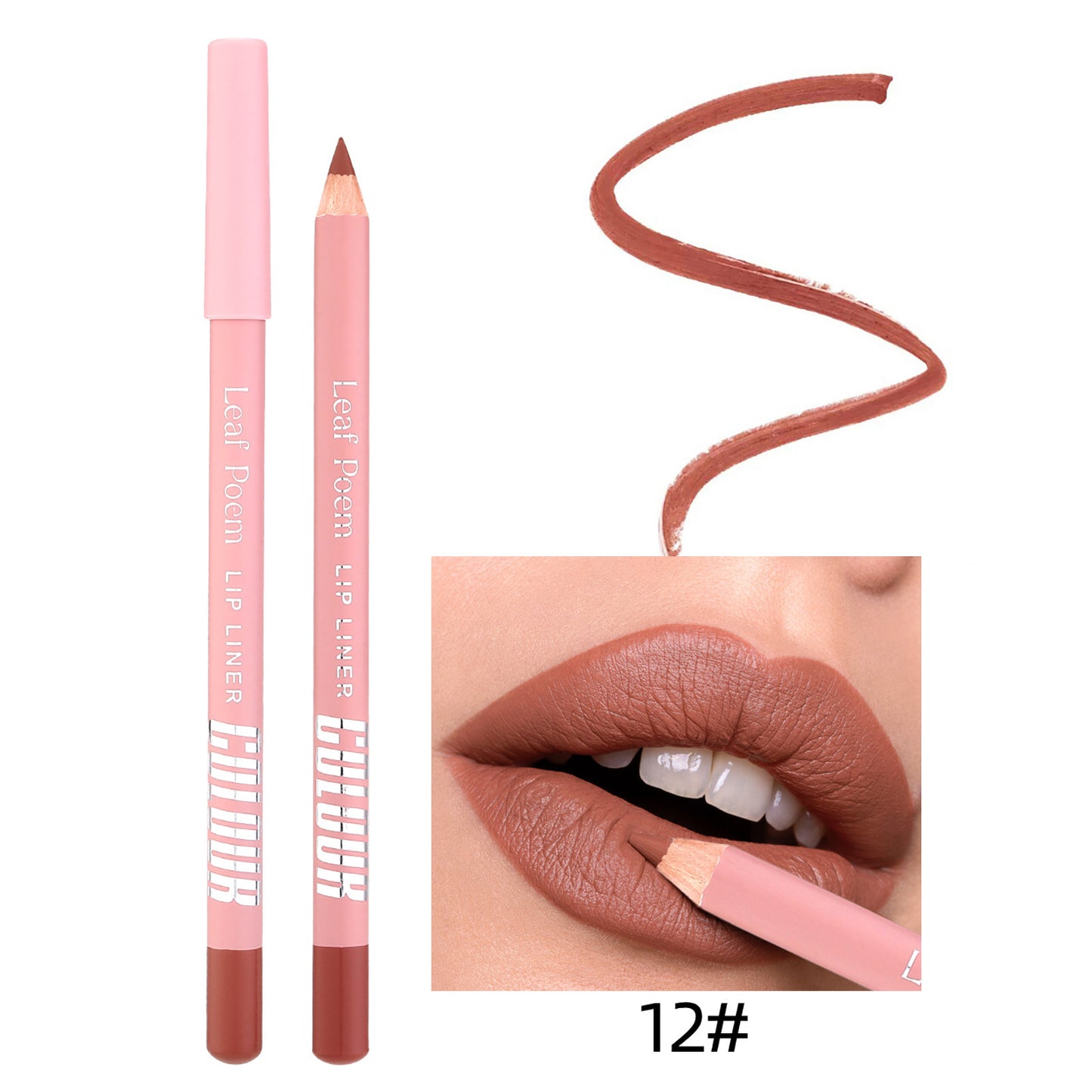 Lip liner pencil with pink casing and brown tip, shown with application on lips.