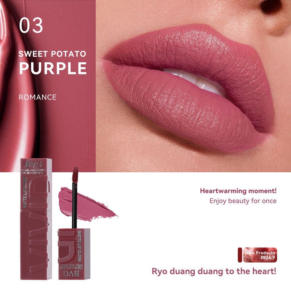 Lipstick with 'Sweet Potato Purple' shade on a model's lips, product packaging, and promotional text.