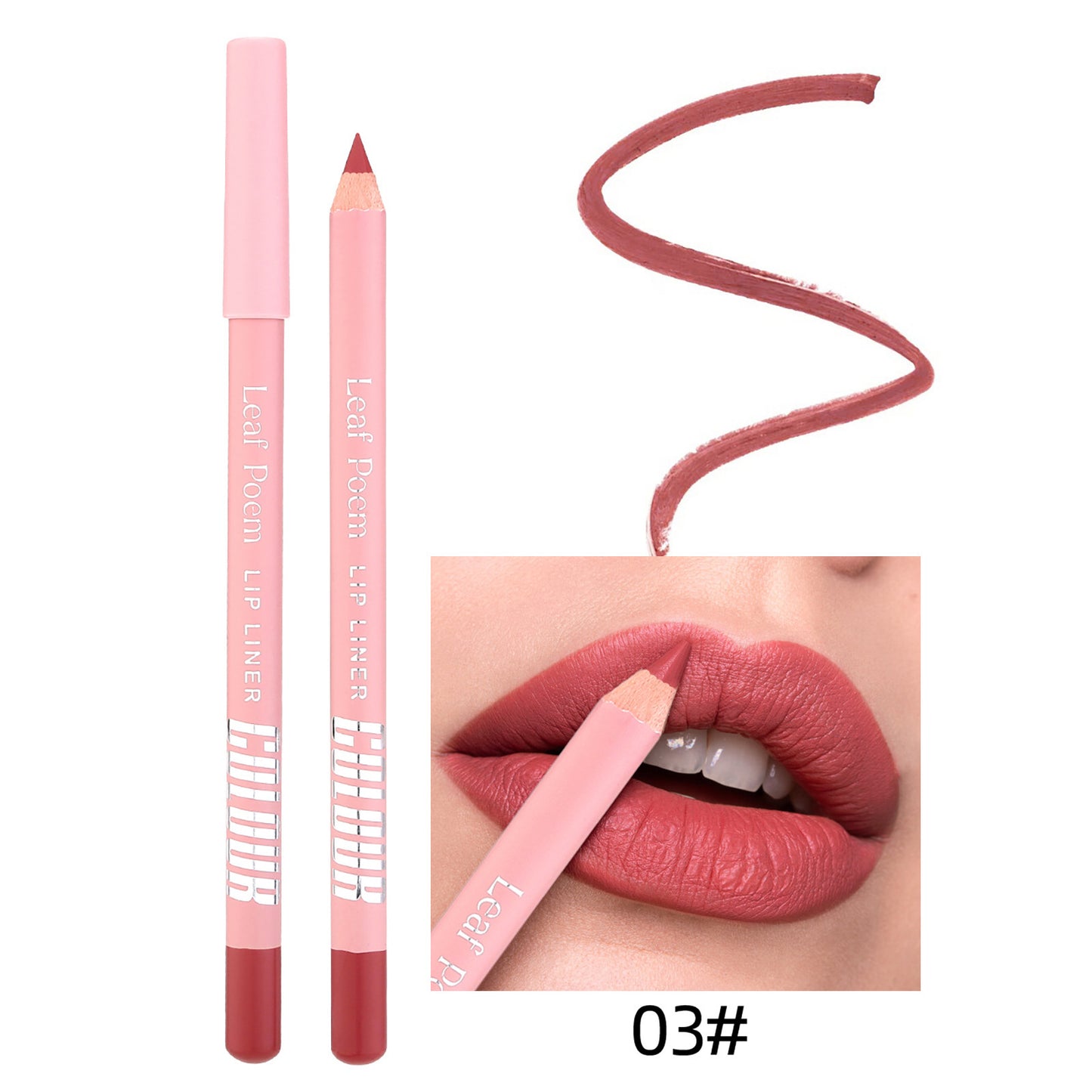 Pink lip liner with applicator and color swatch on a white background