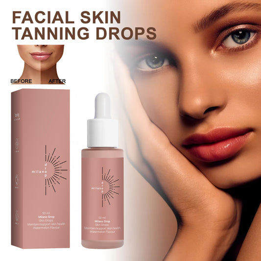 Facial skin tanning drops with a before and after effect on a model's face, featuring the brand 'milano'.
