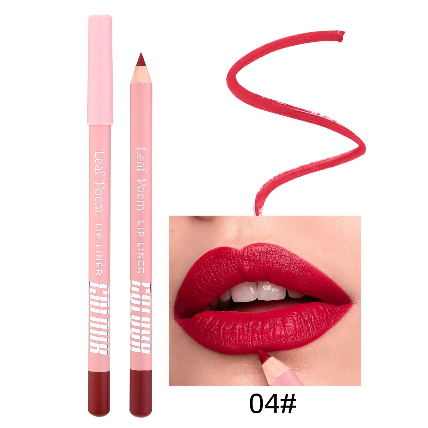 Lip liner pencil with pink casing and red tip, shown with a swatch and application on lips.