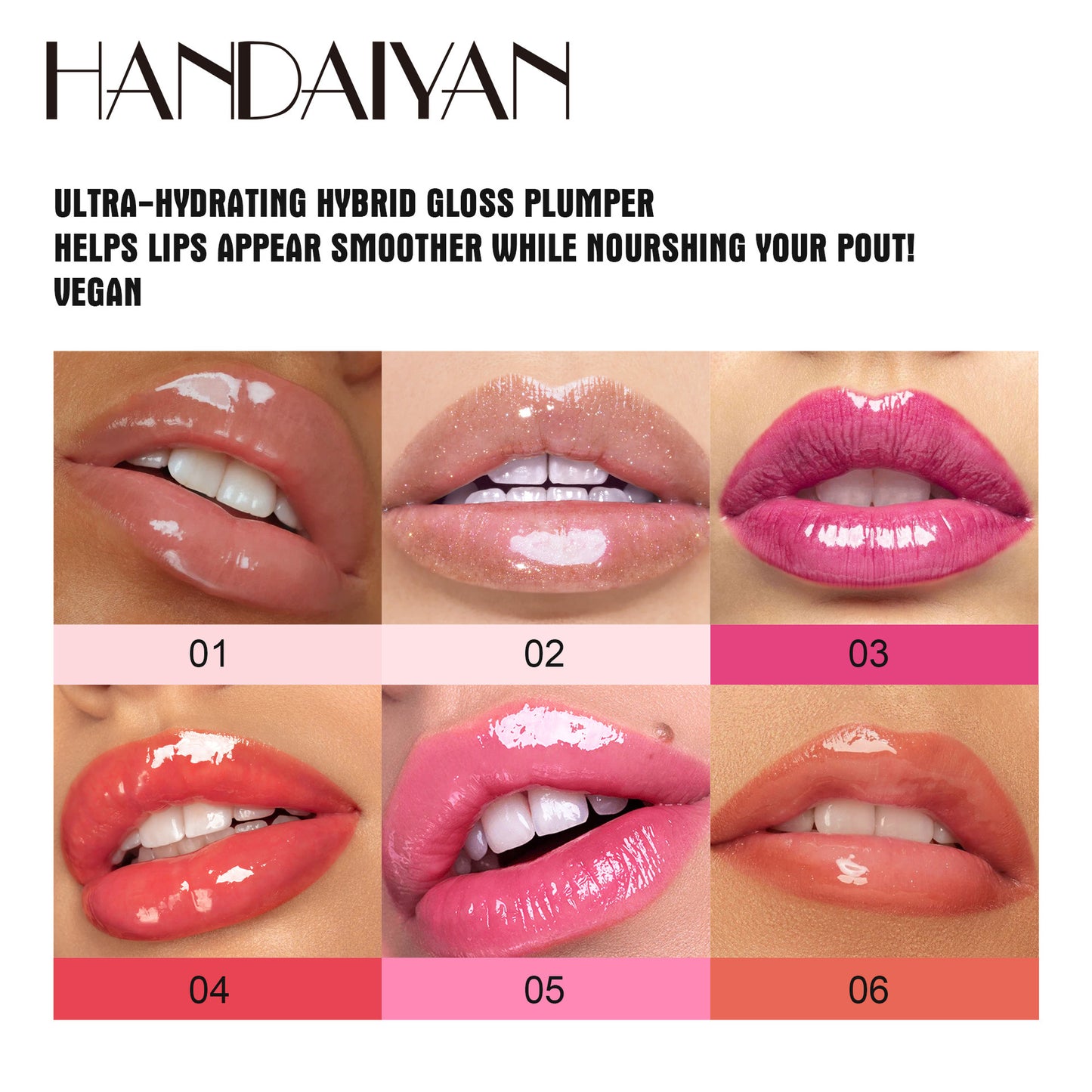 Lip gloss color swatches with 'HANDAIYAN' branding and product description.