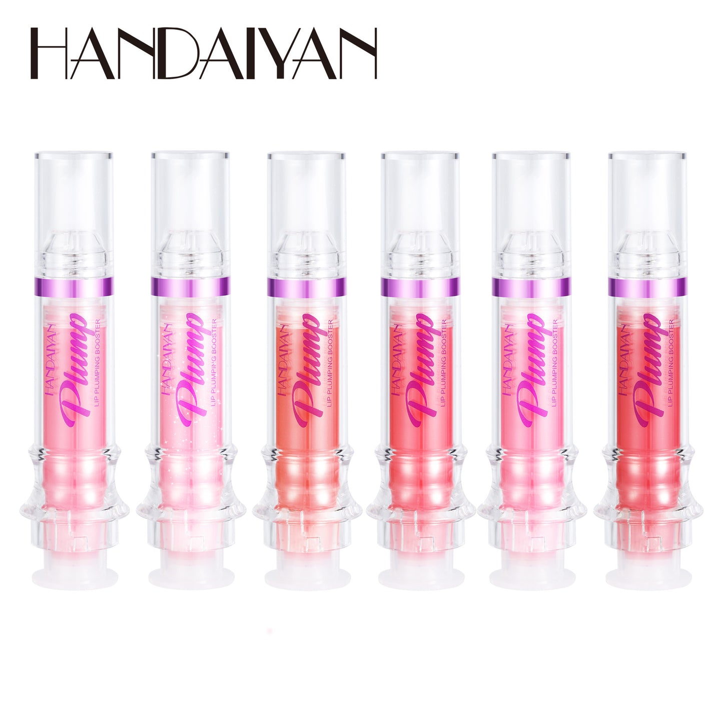 Set of six pink lip glosses with 'Plump' text on a white background, featuring the brand 'HANDAIYAN'.