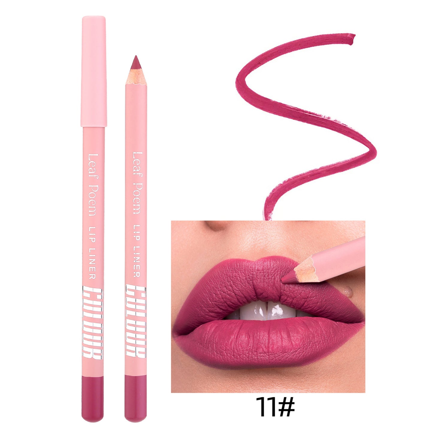 Pink lip liner with applicator and color swatch on a white background
