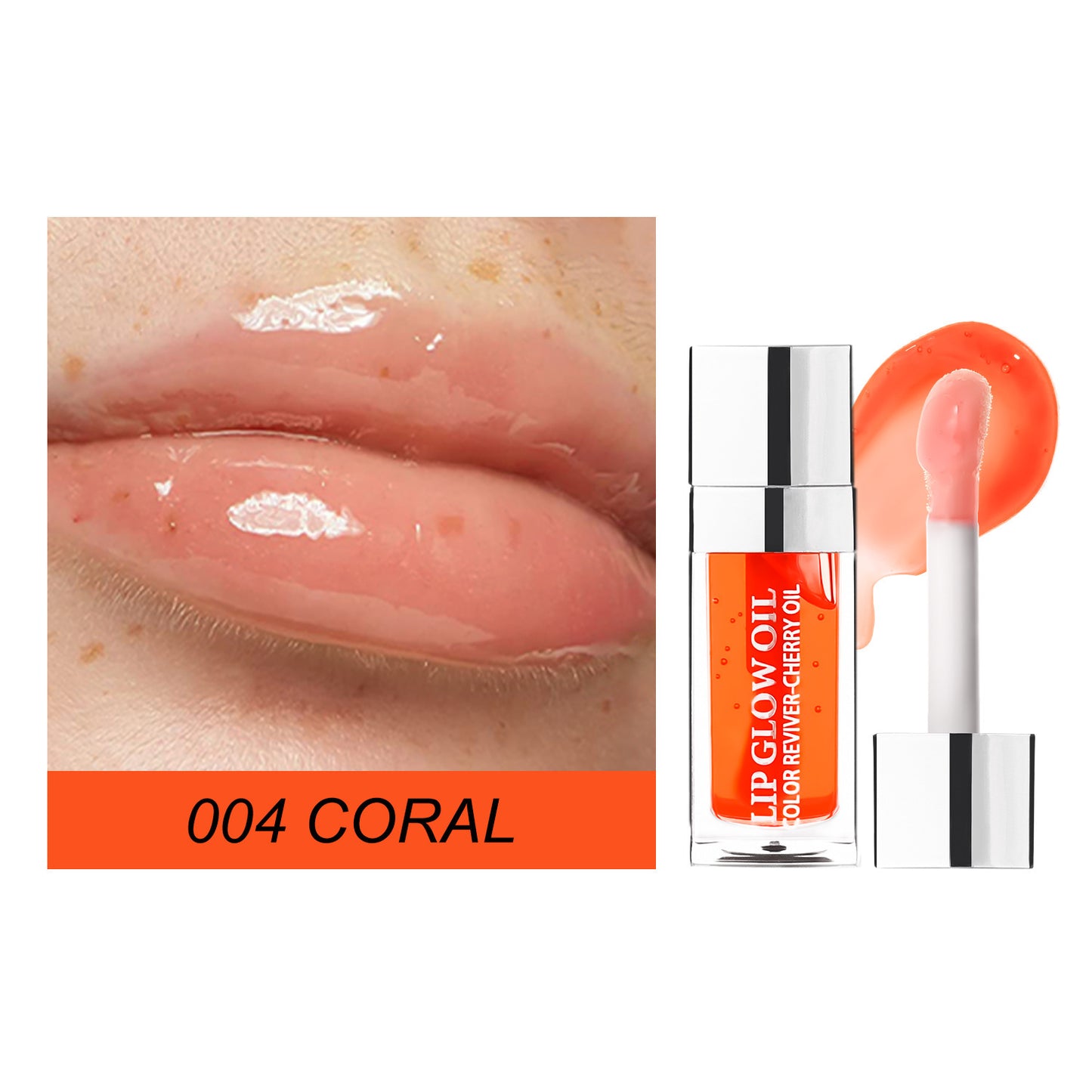 Lip gloss with '004 Coral' color swatch on lips and product packaging.