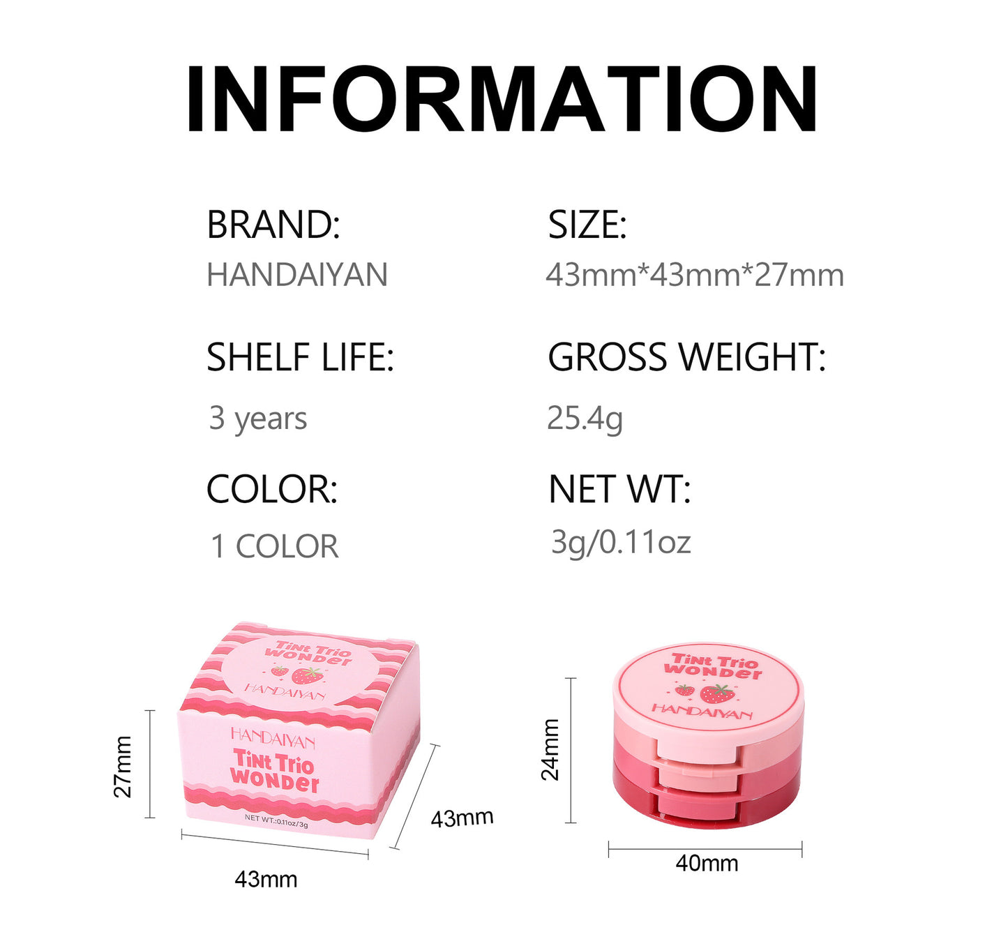 Product information card with dimensions and specifications of a pink container, featuring the brand 'HANDAIYAN'.