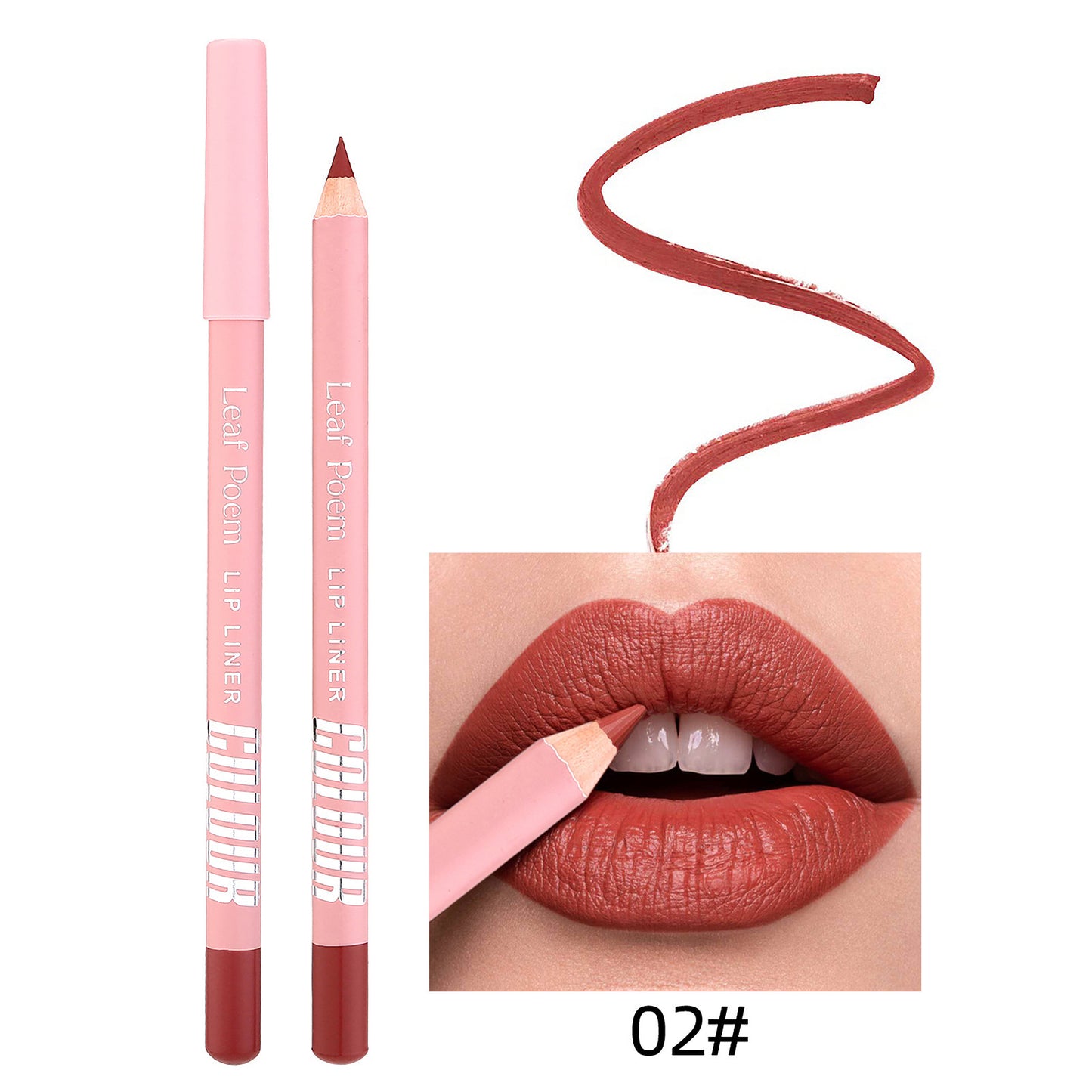 Lip liner pencil with pink casing and red tip, shown with a swatch and application on lips.