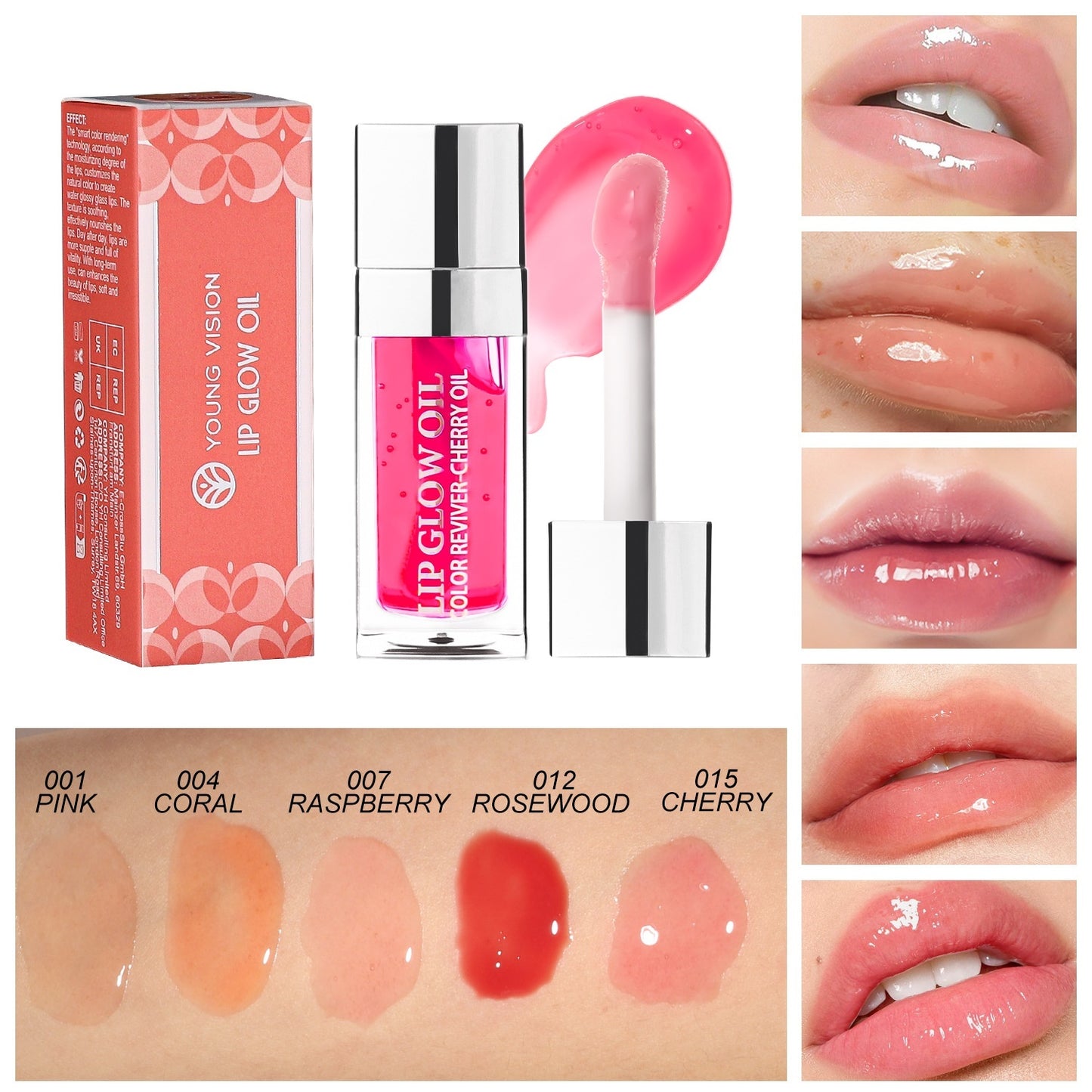 Lip glow oil with packaging, applicator, and color swatches on a white background