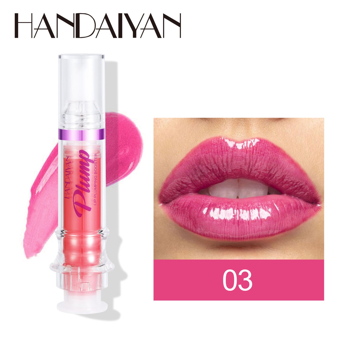 Pink lip gloss with applicator and close-up of lips wearing the product, featuring the brand 'HANDAIYAN'.