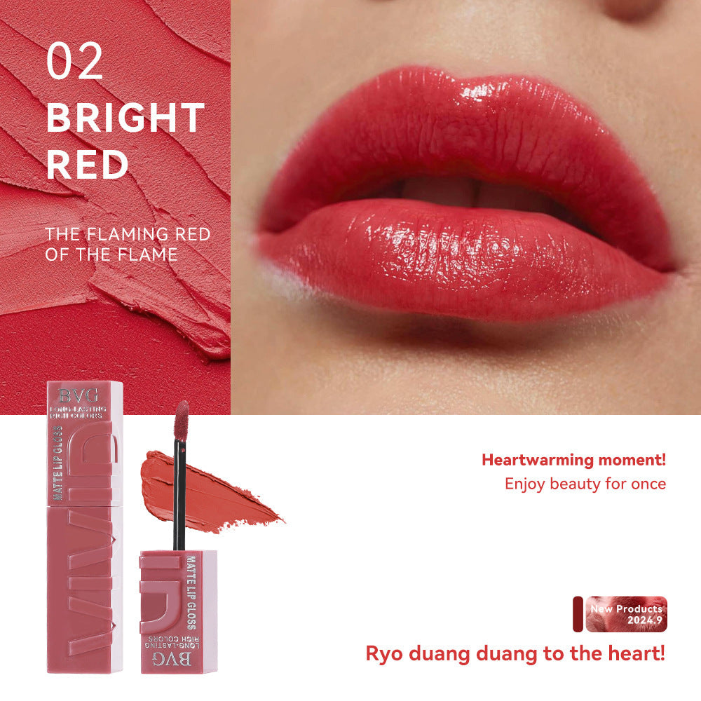 Lipstick with 'Bright Red' color swatch and close-up of lips wearing the shade.