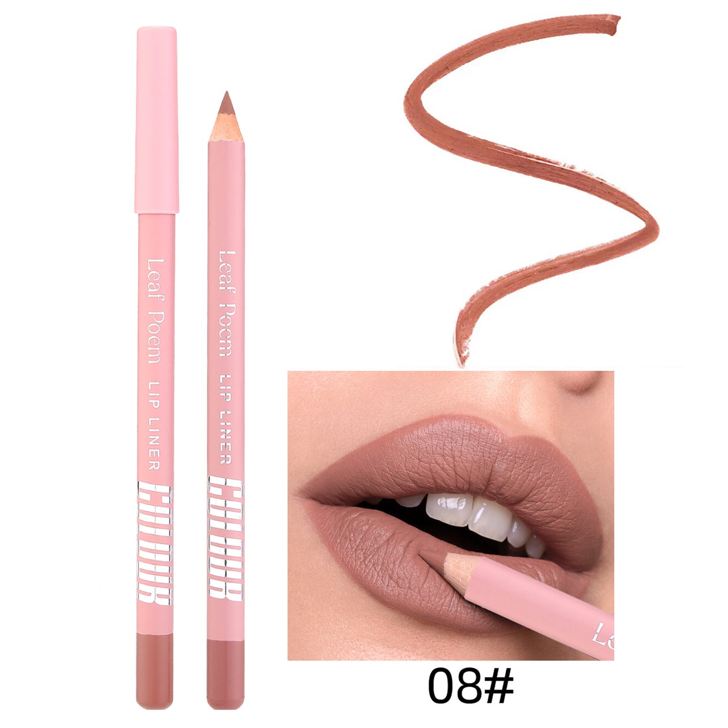 Lip liner pencil with pink casing and brown tip, swatch on lip, and close-up of application.