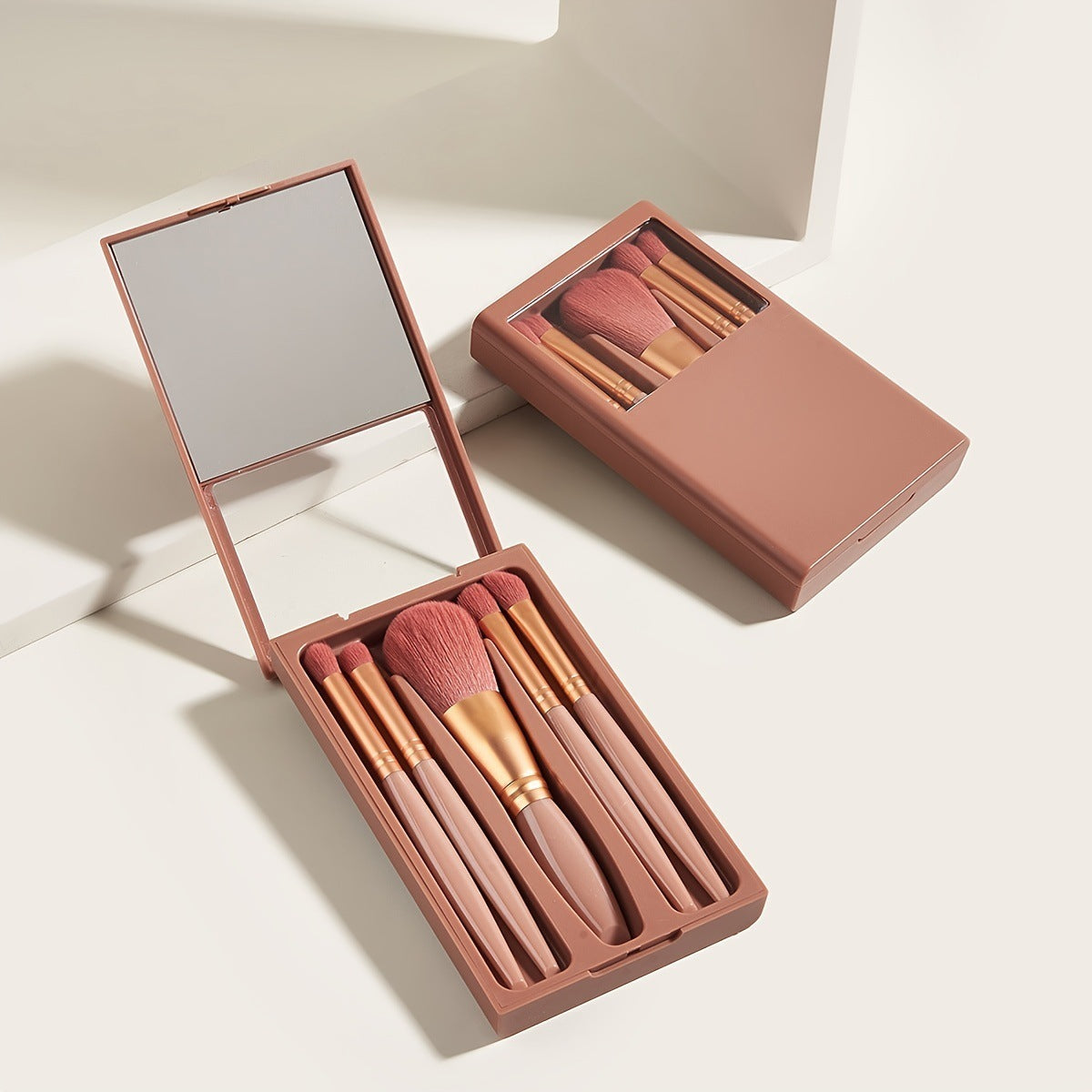 5 PCs Makeup Brushes With Mirror Travel Set - NUA BELLA
