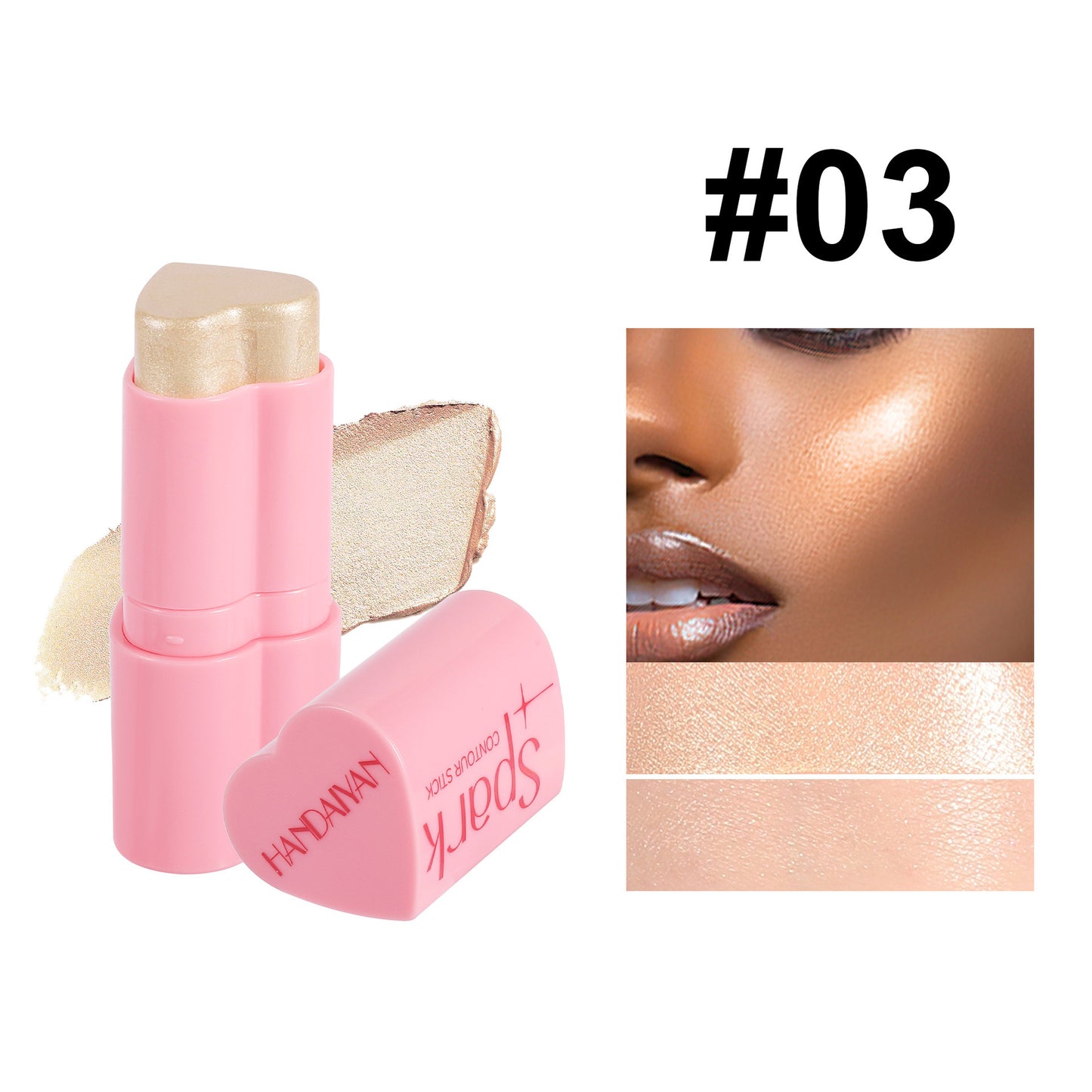 Pink makeup stick with applicator and a close-up of a person wearing it on their face.