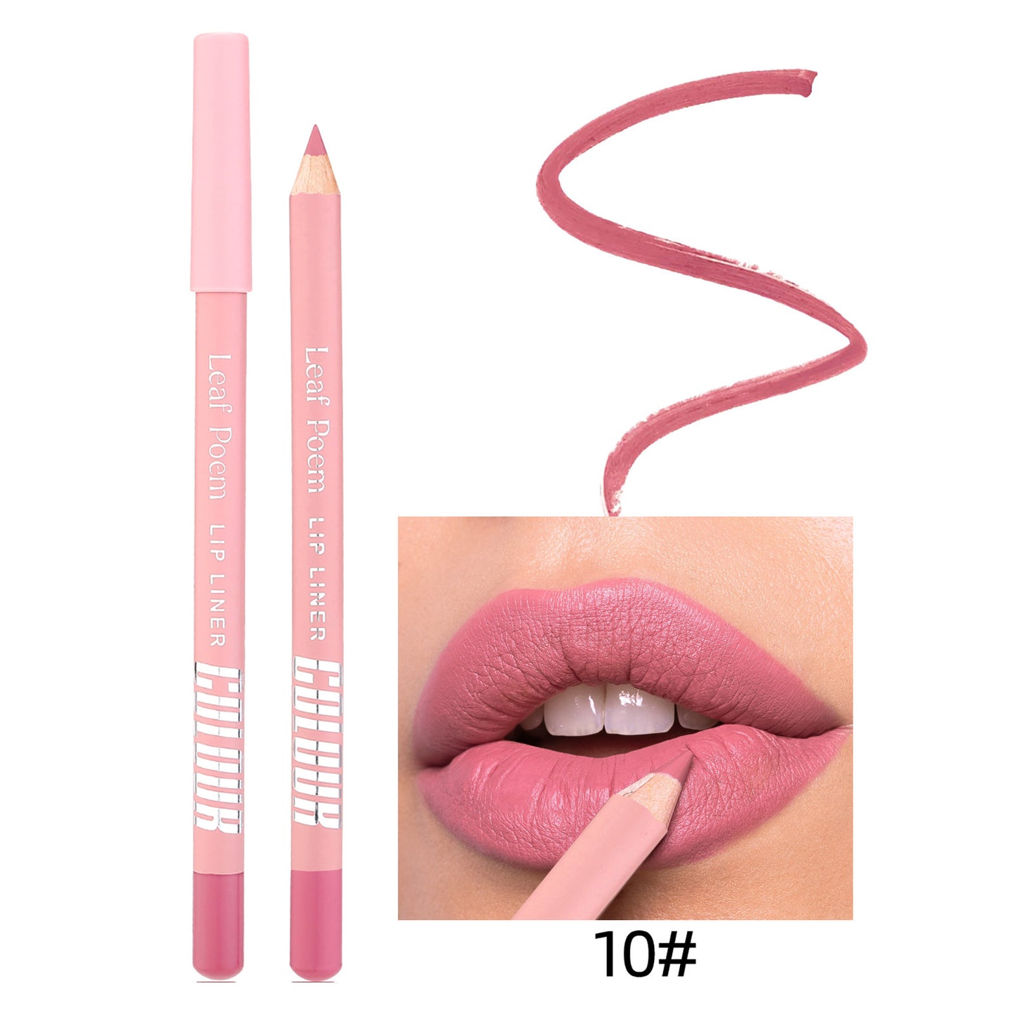 Pink lip liner with applicator and color swatch on lips, brand 'LEAF' visible