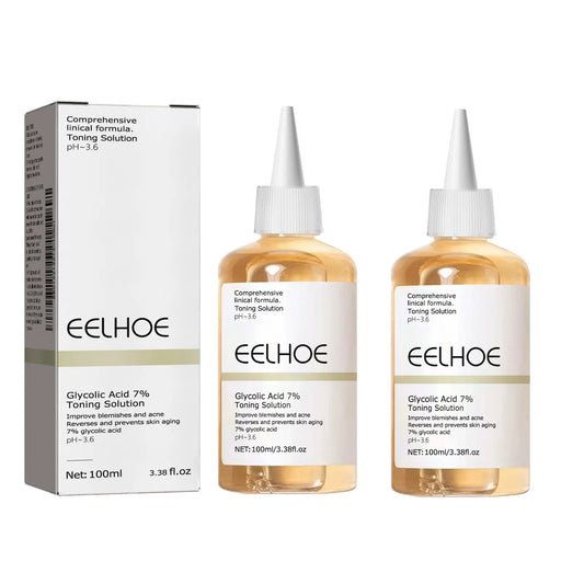 Two bottles and a box of EELHOE Glycolic Acid 7% Toning Solution on a white background
