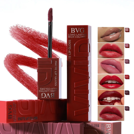 BVG lip gloss with packaging and color swatches on a white background