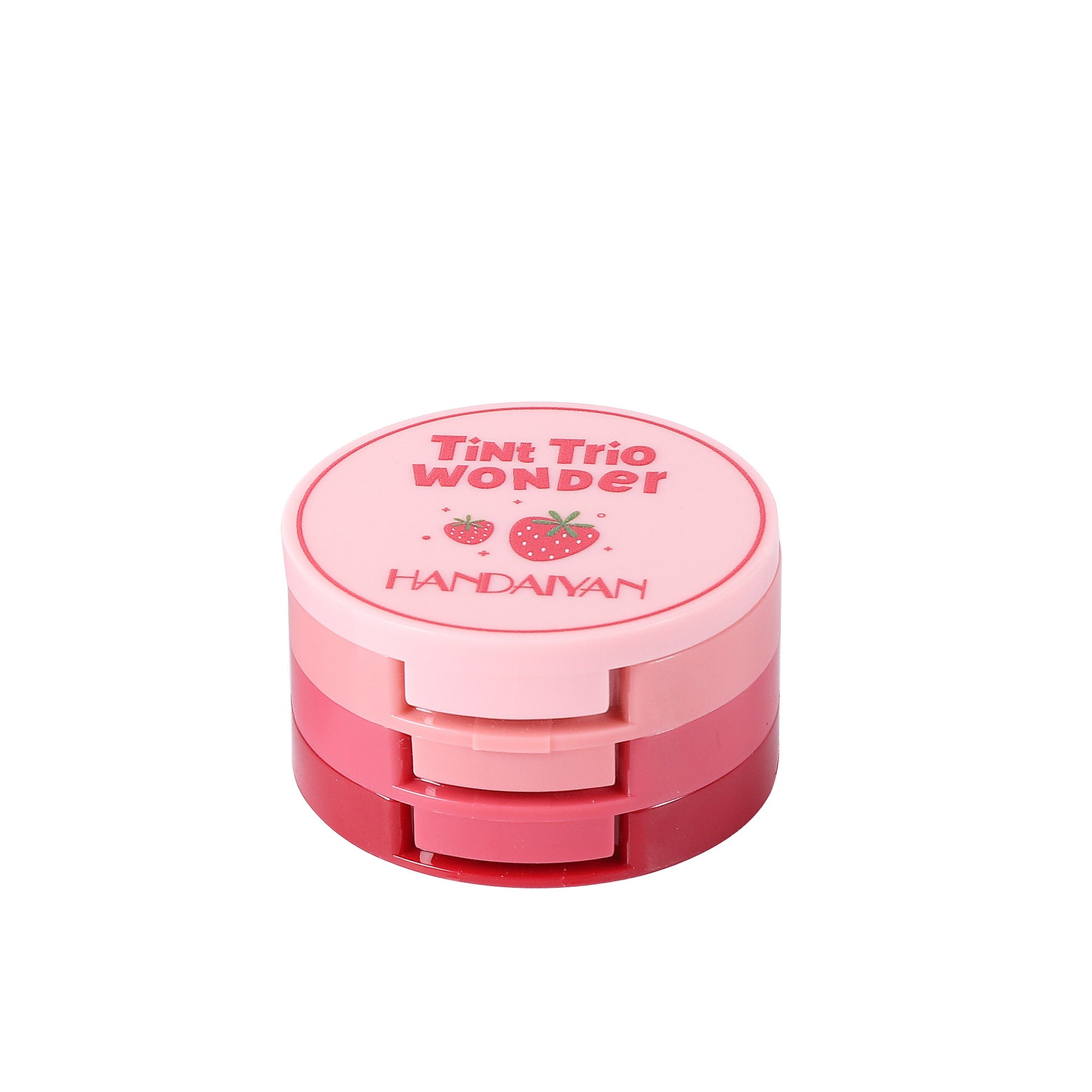 Pink compact cosmetic container with 'Tint Trio Wonder' and 'HANDAIVAN' text on a white background